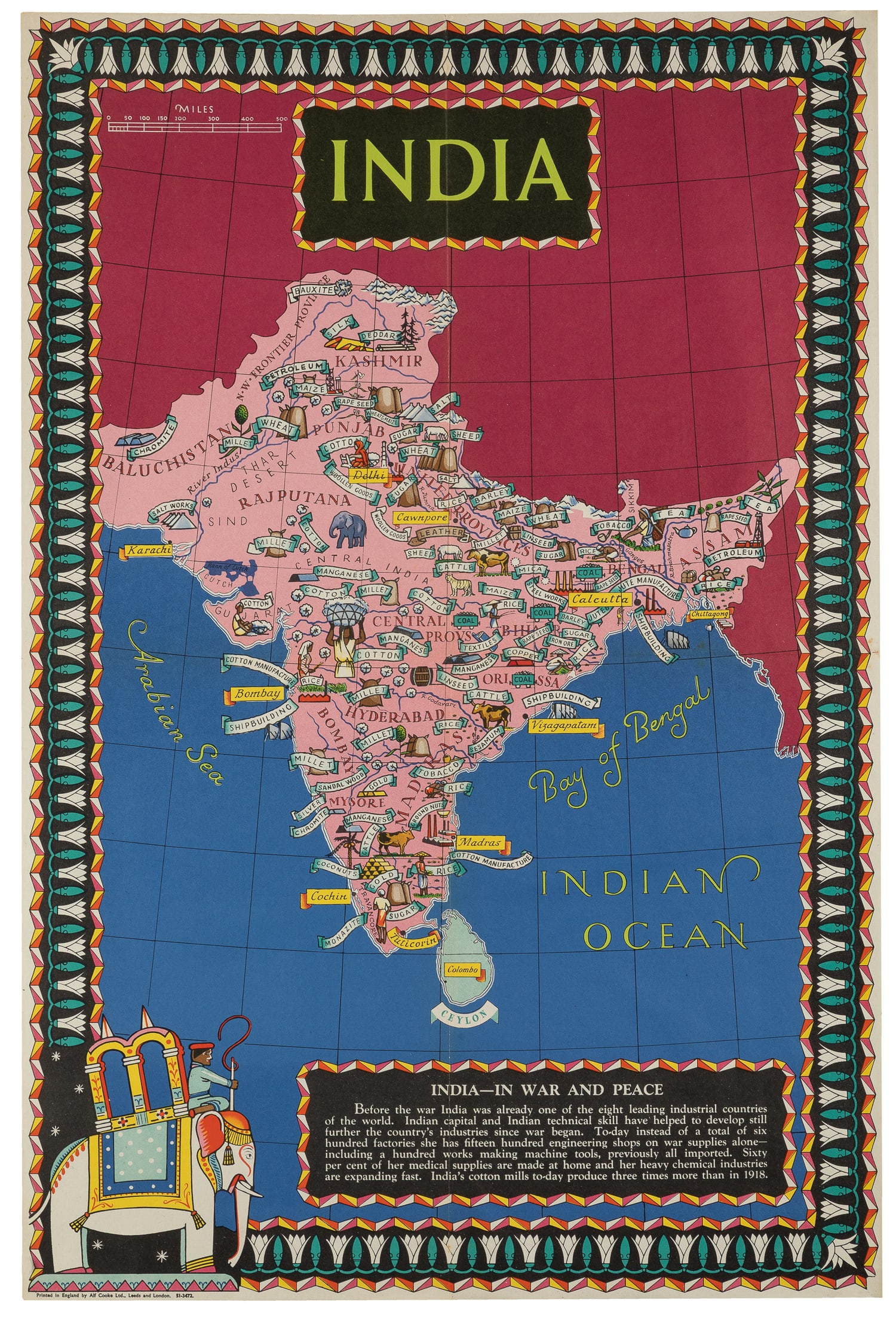 India – In War and Peace.: India – In War and Peace. Leeds and London: Alf. Cooke Ltd., ca. 1940s. Color lithograph World War II era pictorial map of India, illustrating its natural resources, minerals, and agricultural