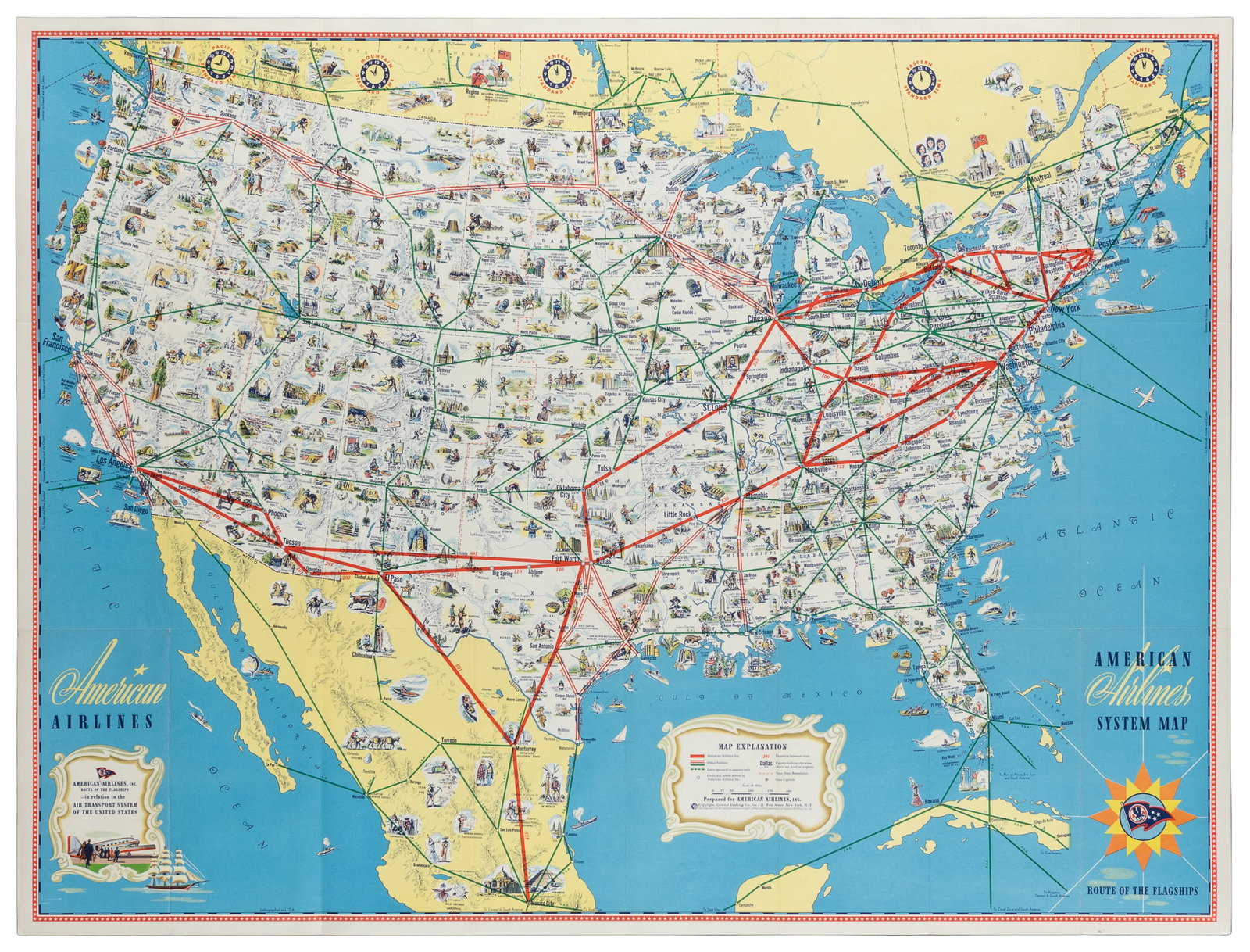 American Airlines System Map.: American Airlines System Map. Circa 1940s. Color pictorial map with American's routes across the United States and parts of Canada and Mexico highlighted, and filled with regional vignettes. Double-si