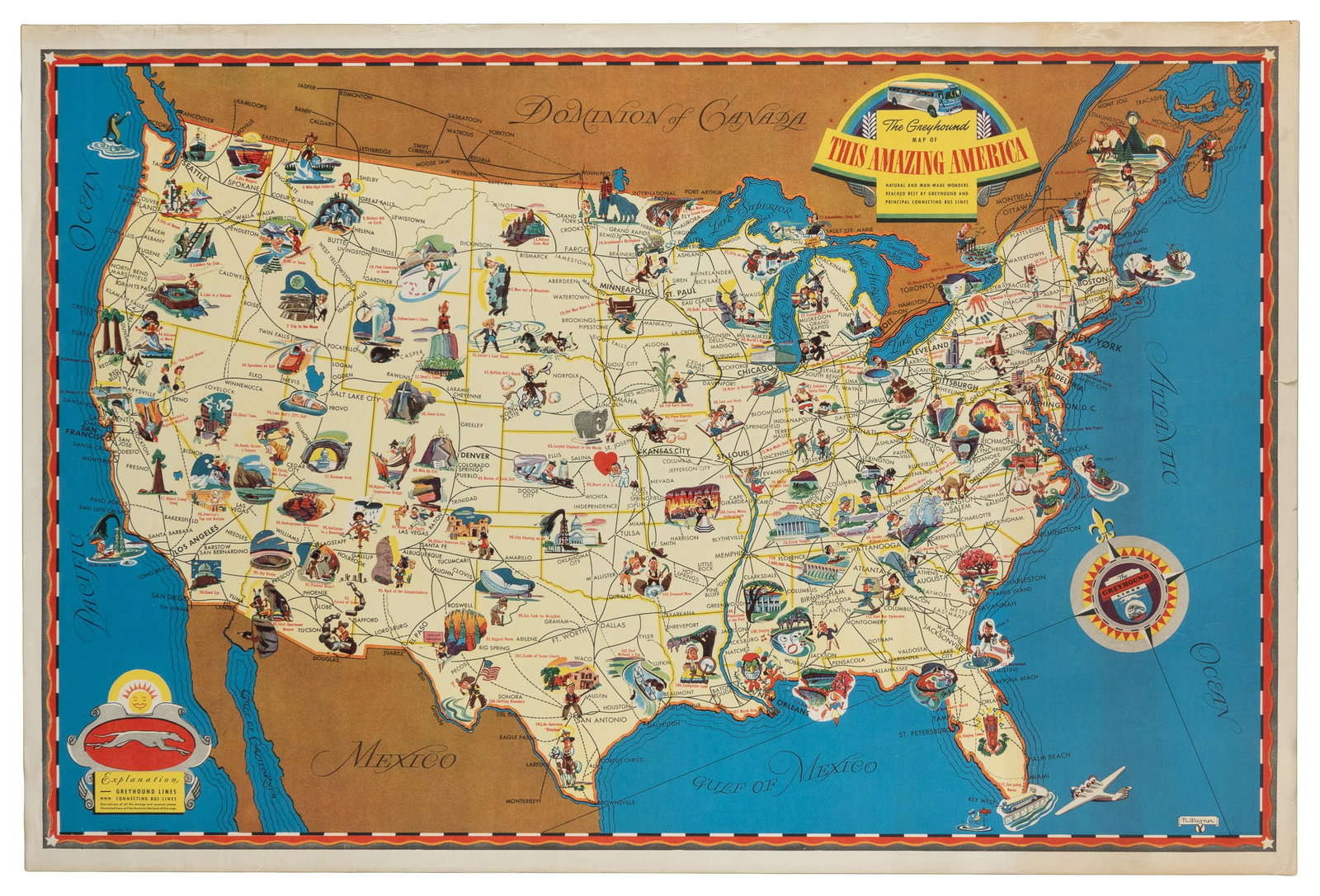 WAGNER, N. The Greyhound Map of This Amazing America. 1941.: WAGNER, N. The Greyhound Map of This Amazing America. 1941. Greyhound Corporation. Color offset lithograph pictorial map illustrating Greyhound's bus routes across the United States, and highly