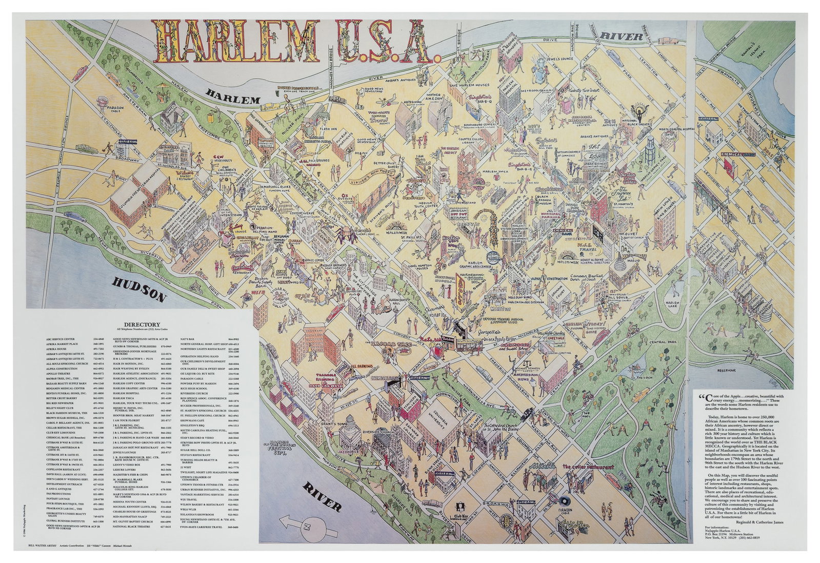 ​​​​​​​WAITHE, Bill. Harlem U.S.A. 1986.: WAITHE, Bill. Harlem U.S.A. 1986. New York: NuJapple-Harlem USA. Pictorial map of Harlem, a "Black Mecca" and the "home to over 250,000 African Americans whose common roots are their African ancestry.