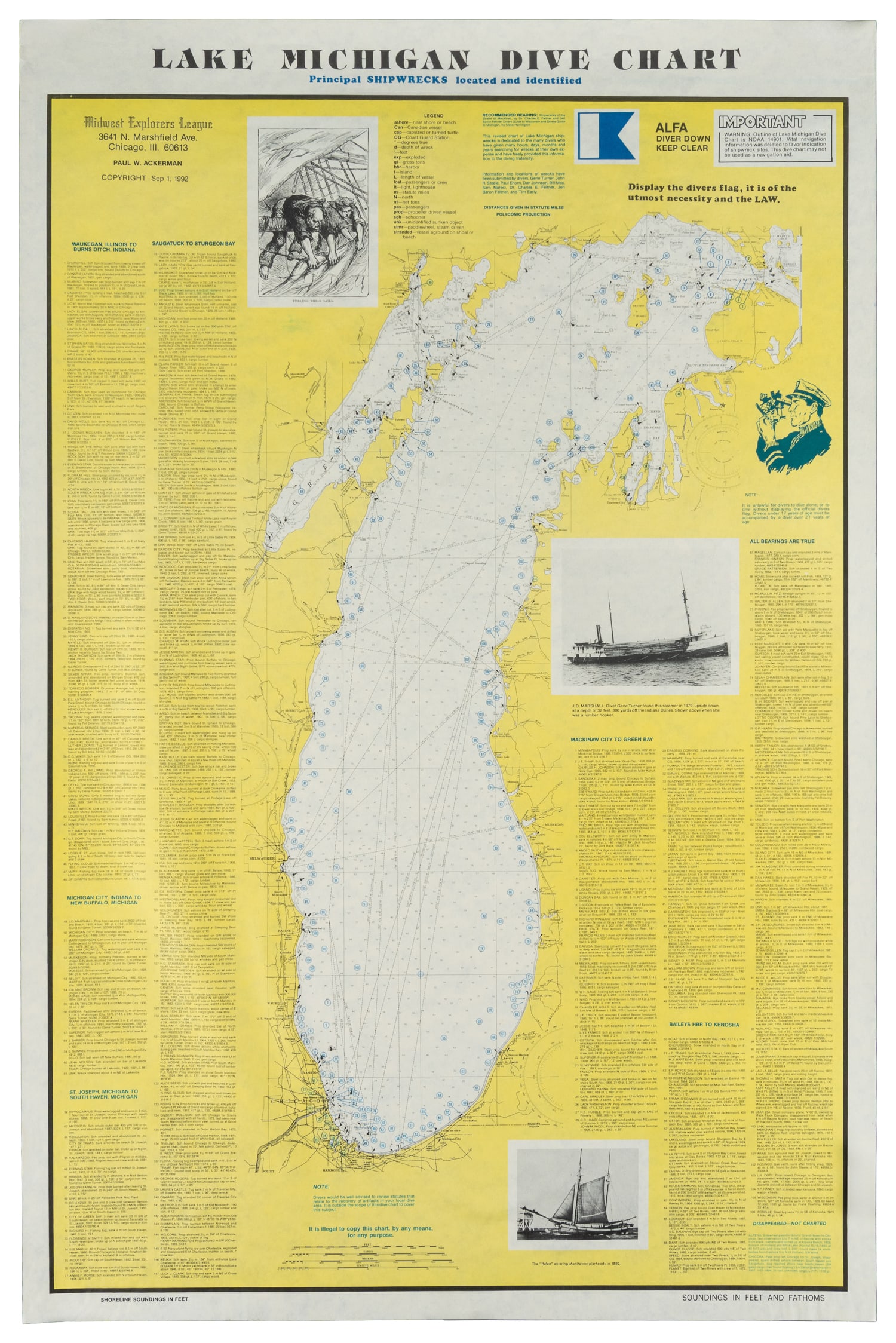 ACKERMAN, Paul. Lake Michigan Dive Chart. 1992.: ACKERMAN, Paul. Lake Michigan Dive Chart. 1992. Chicago: Midwest Explorers League. Map with the approximate locations of over 200 sunken vessels in Lake Michigan, each with a brief description of the