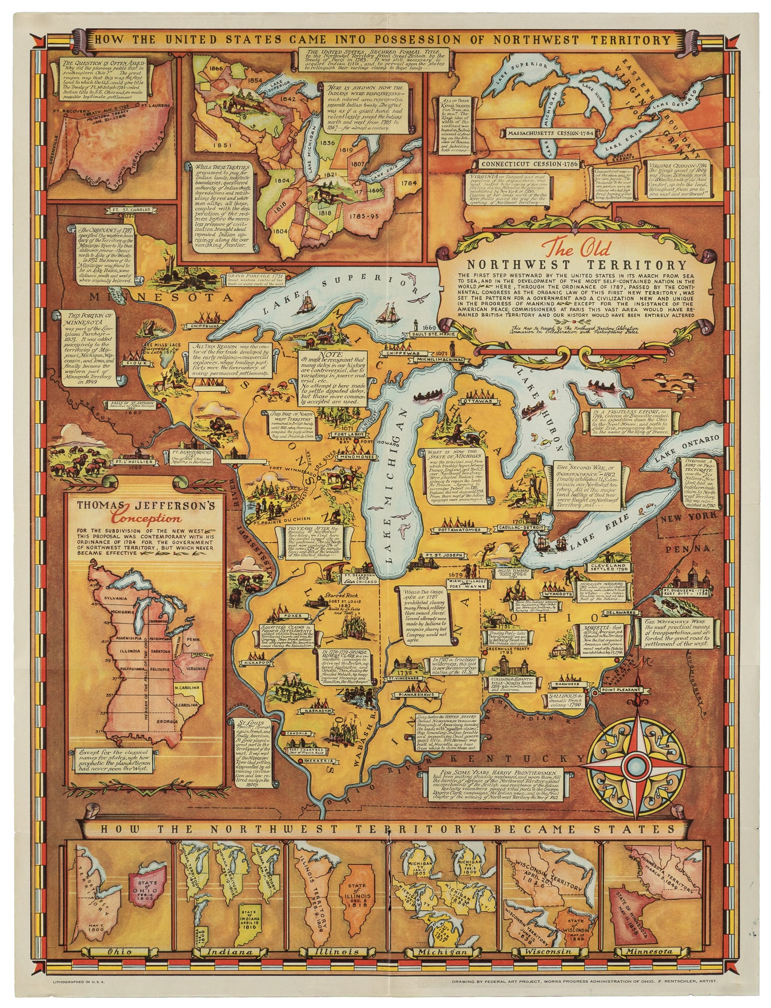 RENTSCHLER, Fred. The Old Northwest Territory.: RENTSCHLER, Fred. The Old Northwest Territory. USA: Federal Art Project, WPA, ca. 1937. Color offset lithograph pictorial map of the Northwest Territory, featuring the Great Lakes and what became the