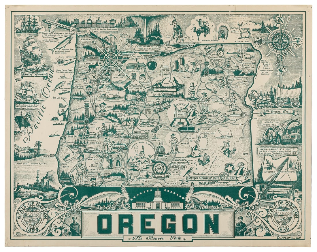 [OREGON]. HAYES, Hugh J. Two pictorial maps. (1 of 2)