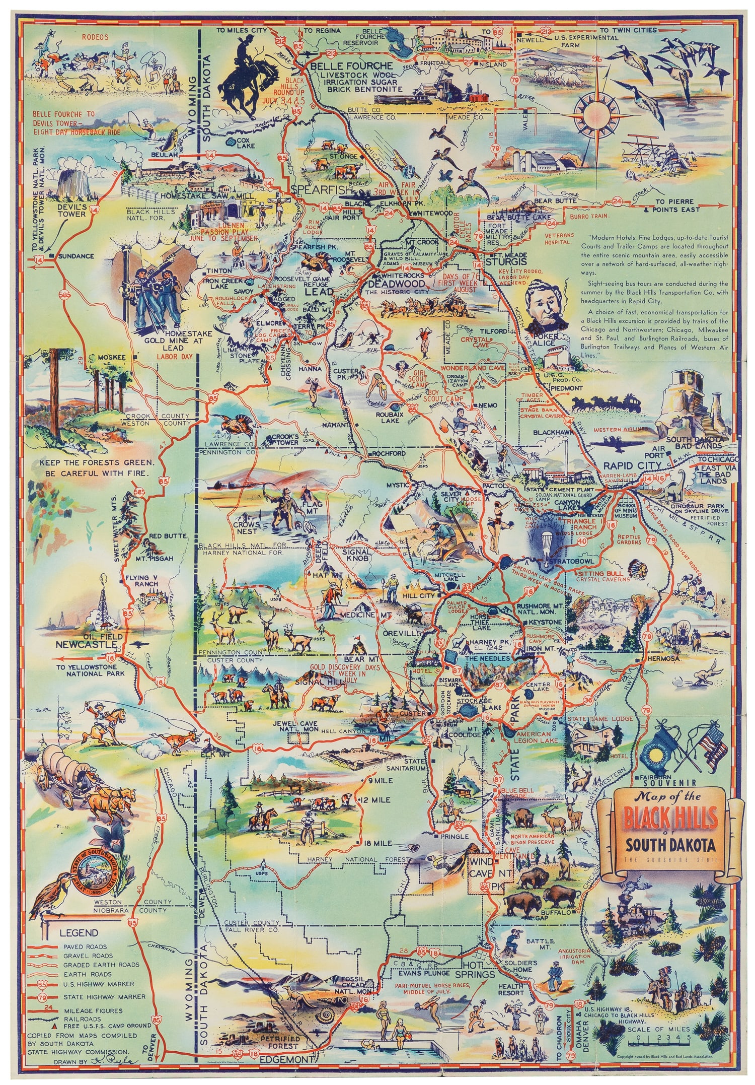 PYLE, K. Souvenir Map of the Black Hills of South Dakota.: PYLE, K. Souvenir Map of the Black Hills of South Dakota. MWM Color-Litho Process, ca. 1940. Color offset lithograph tourism pictorial map, illustrated with wildlife, transportation (stagecoach, train