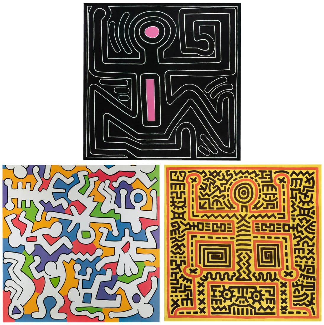 HARING, Keith (after). Trio of posters. Italy: LEM Art Group, ca. 2000.: HARING, Keith (after). Trio of posters. Italy: LEM Art Group, ca. 2000. Color posters reproducing untitled works by Haring from 1983, 1985, and 1988. Paper. 35 1/2 x 35 1/2".