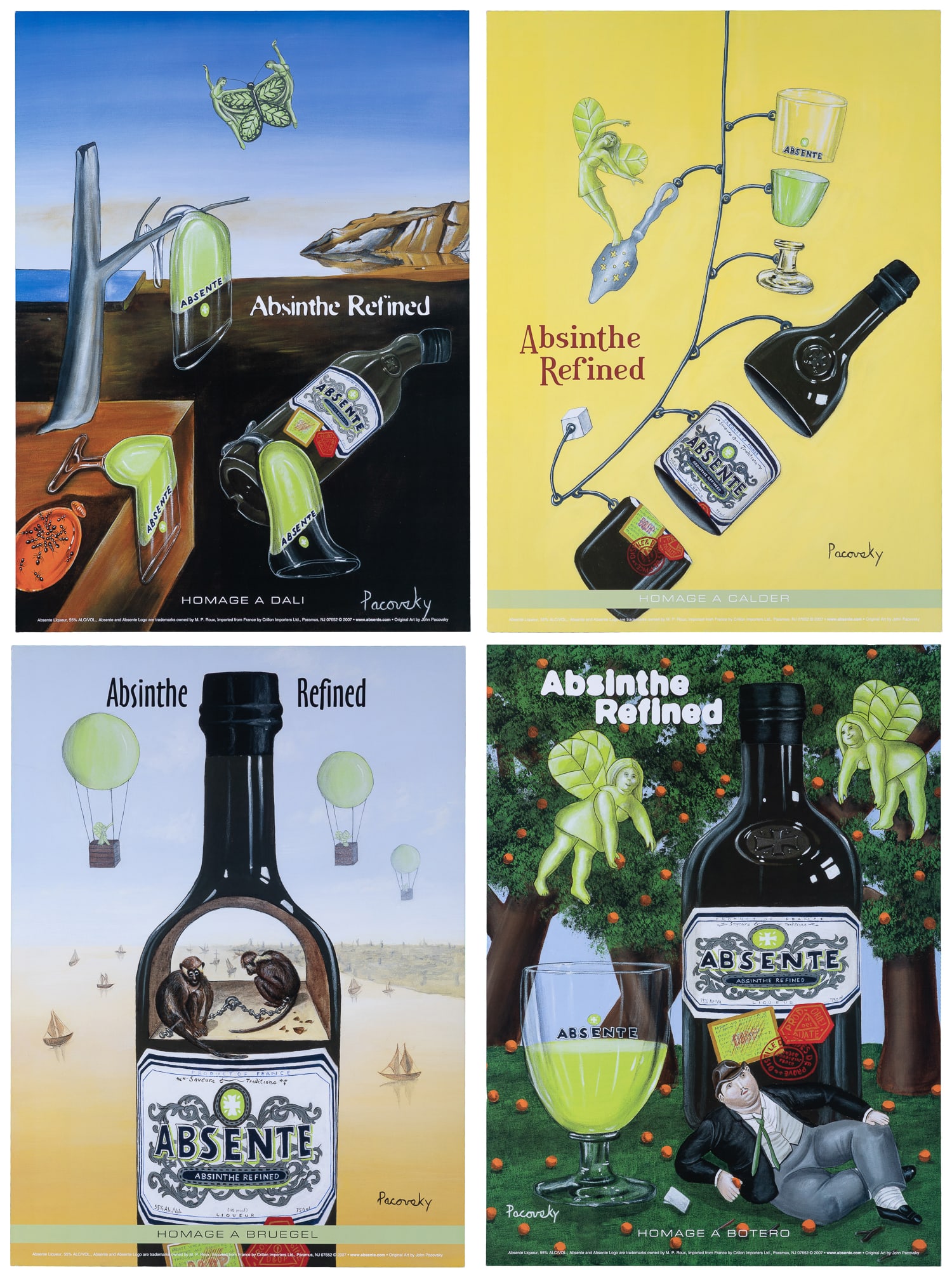 PACOVSKY, John. Absente Liqueur Absinthe Homage Posters. 2007.: PACOVSKY, John. Absente Liqueur Absinthe Homage Posters. 2007. Group of 12 Absente Liqueur ads by John Pacovsky, including homages to Matisse, Escher, Malevich, Dali, Pollock, Monet, Calder, Bruegel, 