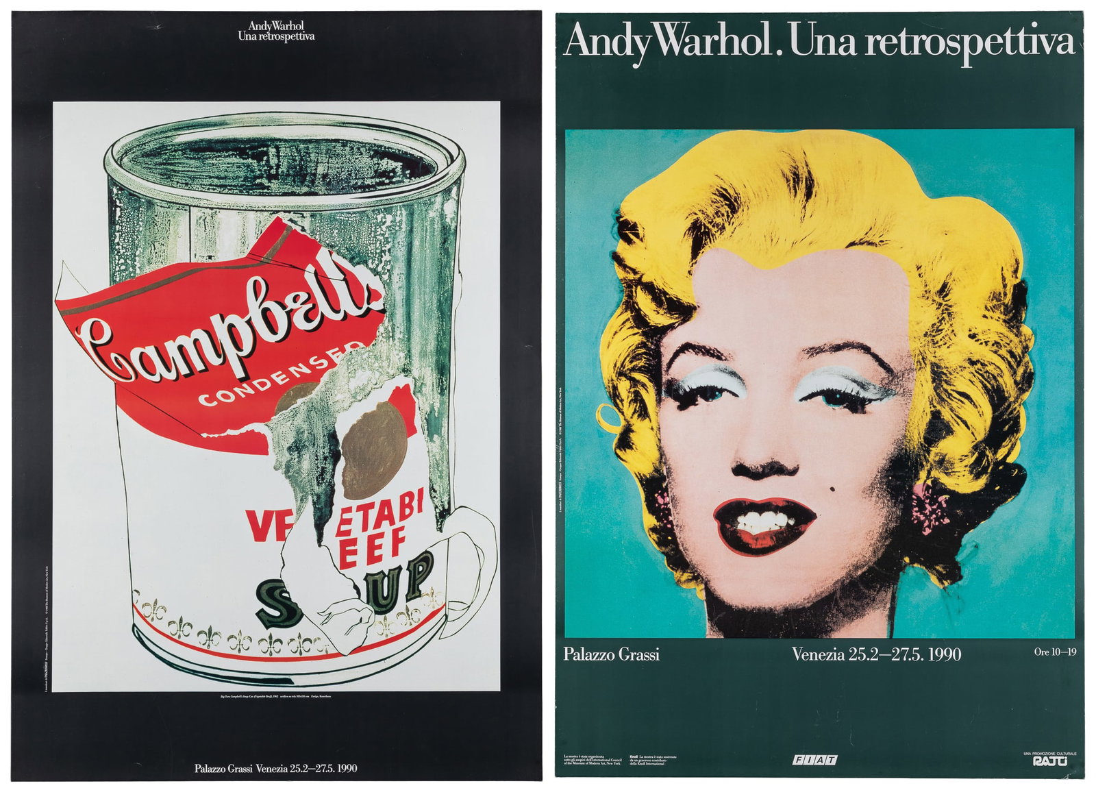 Andy Warhol / Una retrospettiva. 1990. Two posters.: Andy Warhol / Una retrospettiva. 1990. Two posters. Exhibition posters for the Warhol retrospecitve at the Palazzo Grassi, Venice, in February 1990. Paper. 38 1/2 x 27".