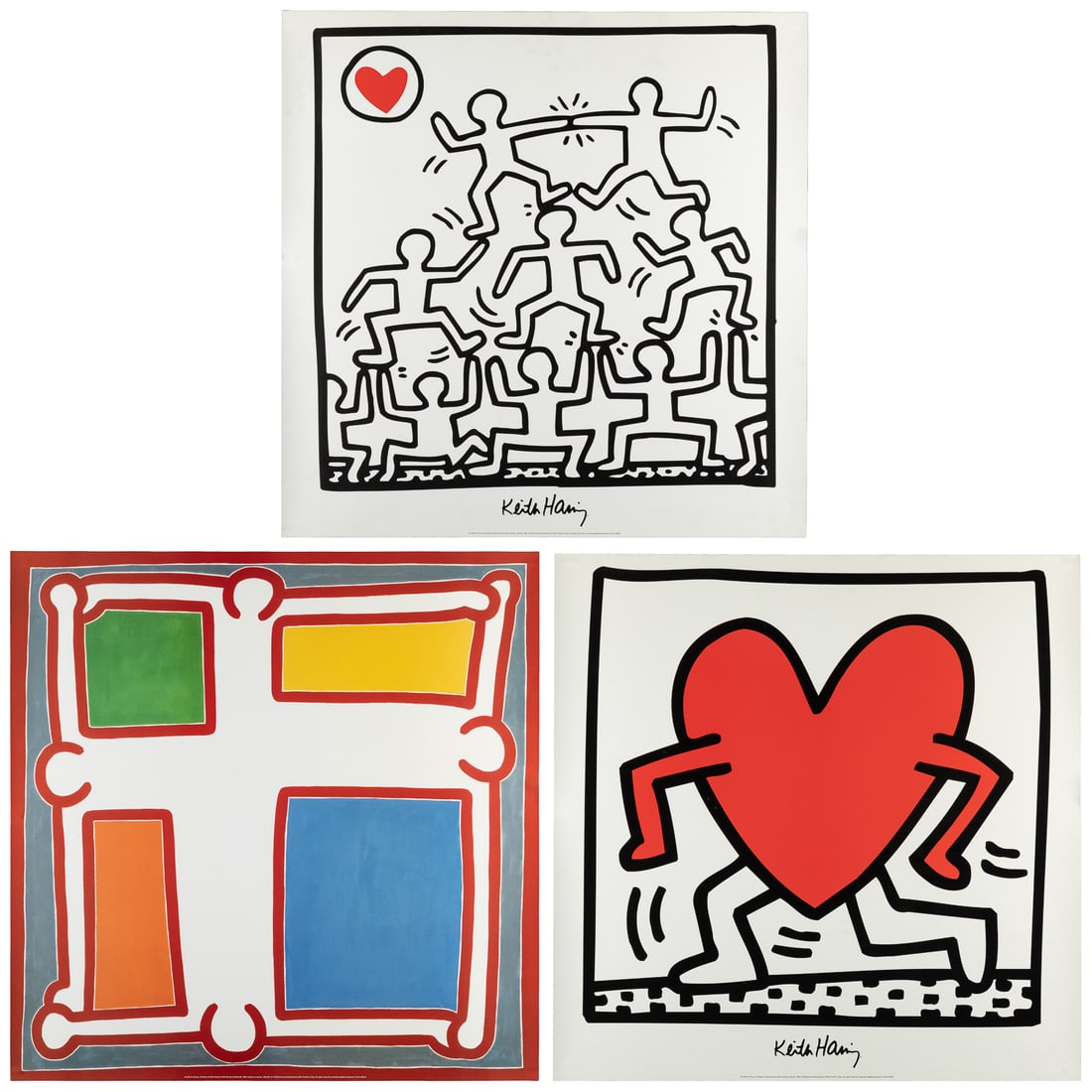 HARING, Keith (after). Trio of posters.: HARING, Keith (after). Trio of posters. Italy: LEM Art Group, ca. 2000. Color posters reproducing untitled works by Haring from 1984, 1987, and 1988. Paper. 27 1/2 x 27 1/2".