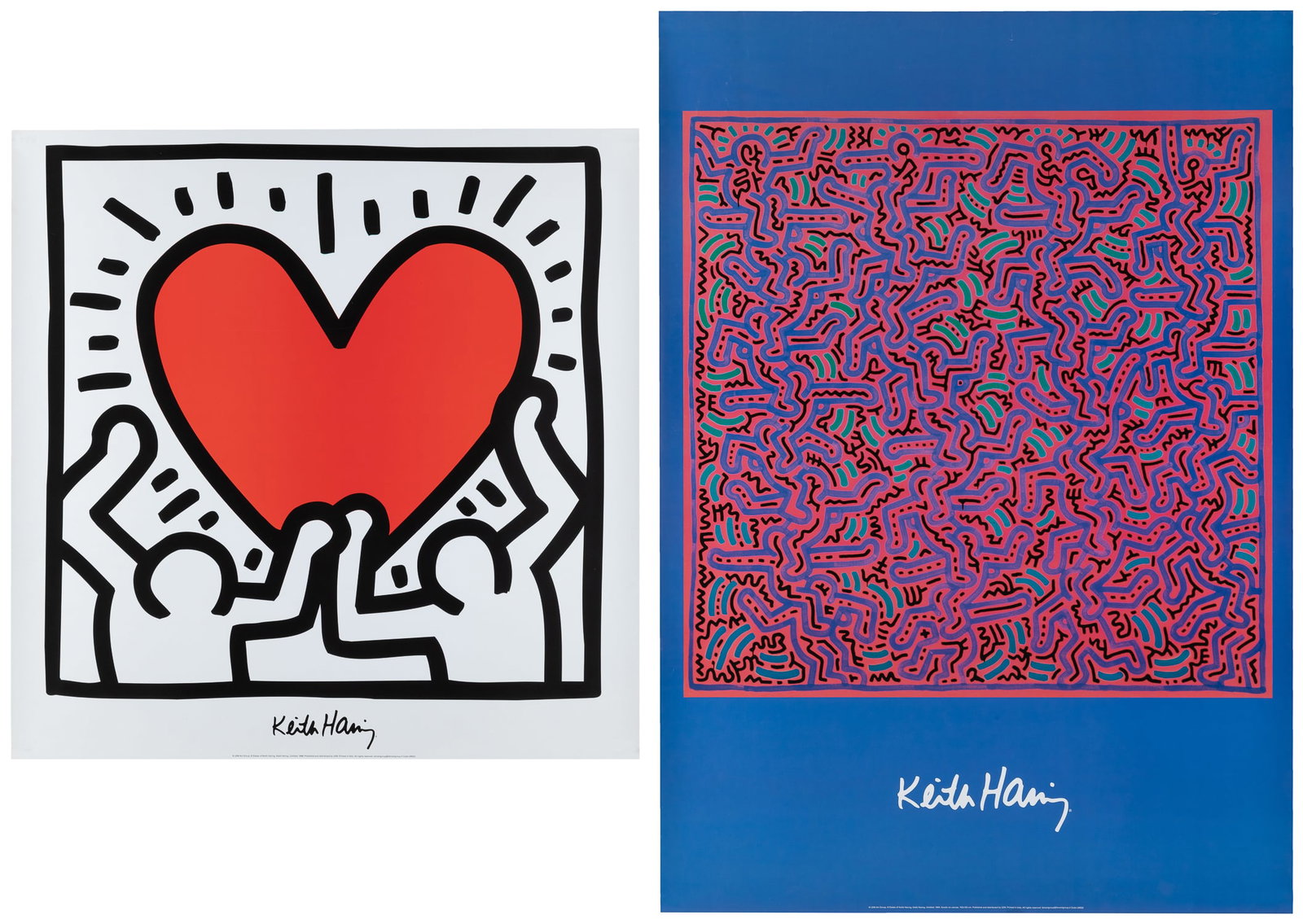 HARING, Keith (after). Pair of posters.: HARING, Keith (after). Pair of posters. Italy: LEM , ca. 2000s. Posters with color reproductions of untitled works from 1984 and 1988. Paper. Size of larger 39 1/4 x 27 1/4".
