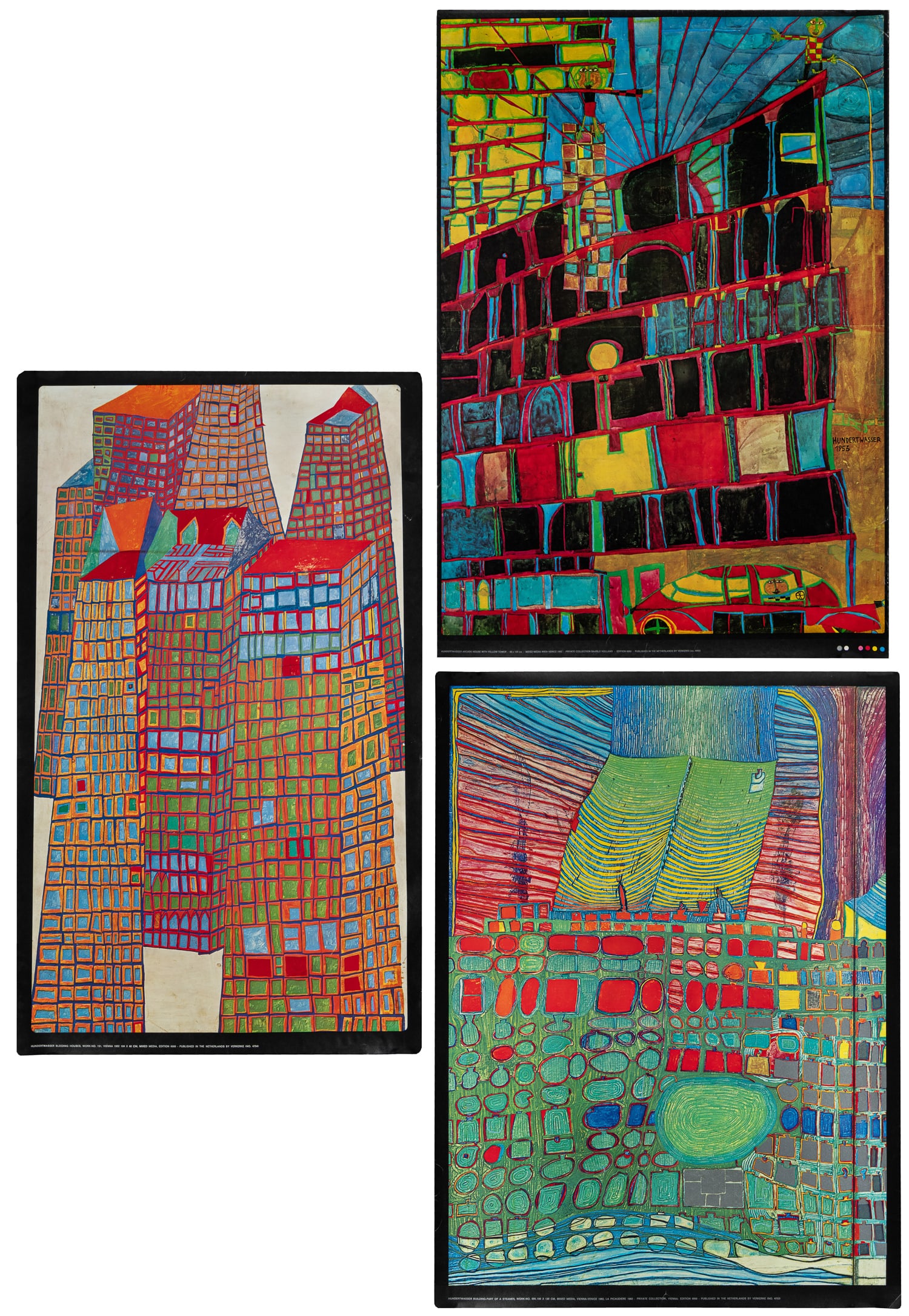 HUNDERTWASSER, Friedensreich (1929-2000). Three Fine Art Posters. Netherlands: Verkerke. Circa 1990. (1 of 4)