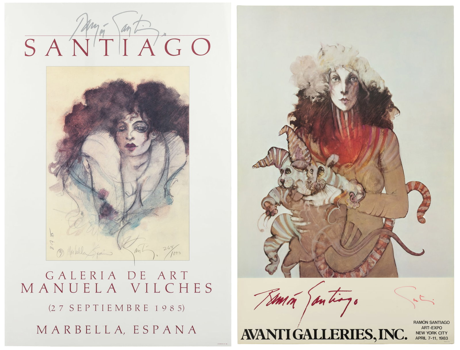SANTIAGO, Ramon (1943-2001). Pair of Signed Ramon Santiago Exhibition Posters. 1985/1983.: SANTIAGO, Ramon (1943-2001). Pair of Signed Ramon Santiago Exhibition Posters. 1985/1983. Including: Avanti Galleries, Art Expo, New York City, 1983, and Galeria de Art Manuela Vilches, Marbella, Spai