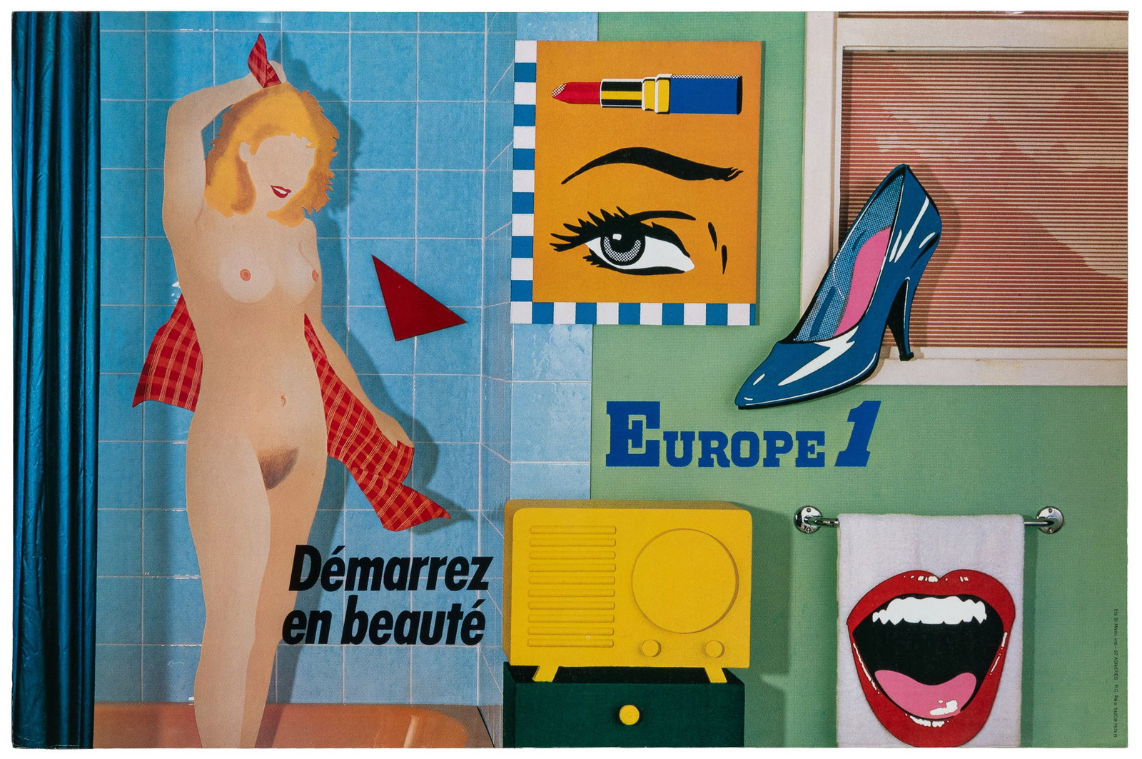 Europe 1. Démarrez en beauté. Asnières: Ets St. Martin. Circa 1980s.: Europe 1. Démarrez en beauté. Asnières: Ets St. Martin. Circa 1980s. French Pop-art poster in the vein of Tom Wesslemann advertising the Parisian radio station Europe 1. Paper. 39 x 25