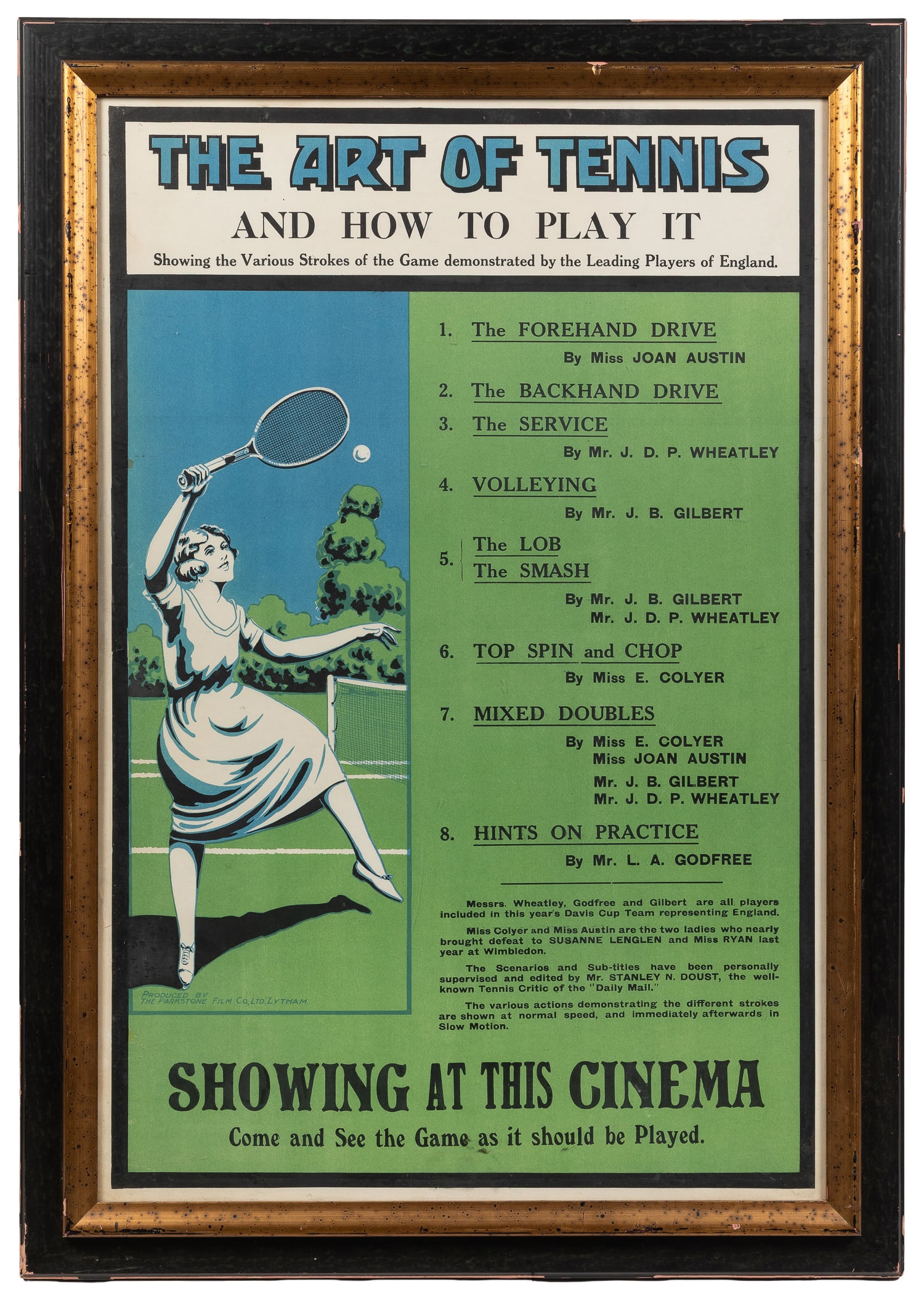 The Art of Tennis.: The Art of Tennis. Lytham: Parkstone Film Co. Ltd. Lithograph poster for the British educational film "showing the various strokes of the game demonstrated by the leading leading players of England,"
