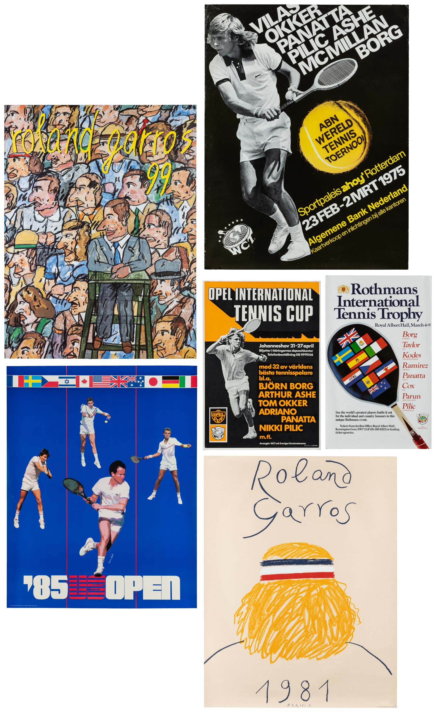 [TENNIS]. Group of six competition posters.: [TENNIS]. Group of six competition posters. Including: '85 US Open. Design by Steve Heit. Roland Garros 99. Design by Antonio Segui. Roland Garros / 1981. Design by Eduardo Arroyo. (and) three WCT ten