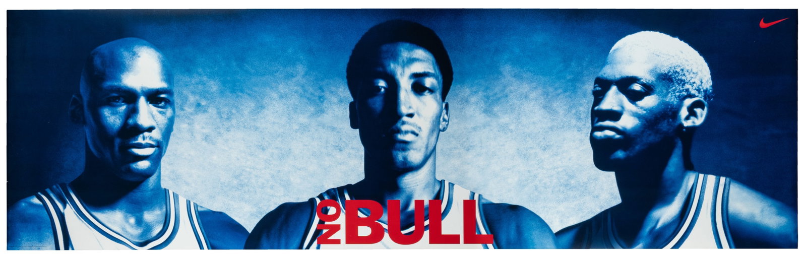 No Bull. 1996. USA: Nike.: No Bull. 1996. USA: Nike. Original Nike poster featuring Michael Jordan, Scottie Pippen, and Dennis Rodman of the 1996 Bulls. Paper. 76 x 23".