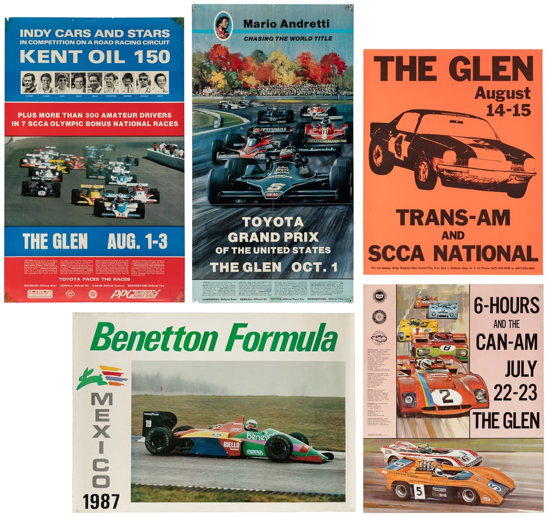 Five vintage racing and motorsports posters.: Five vintage racing and motorsports posters. 1970s-80s. Including: Benetton Forumla / Mexico 1987. TURNER, Michael. 6 Hours and the Can-Am. 1972. The Glen / Trans-Am and SCCA National. TURNER,