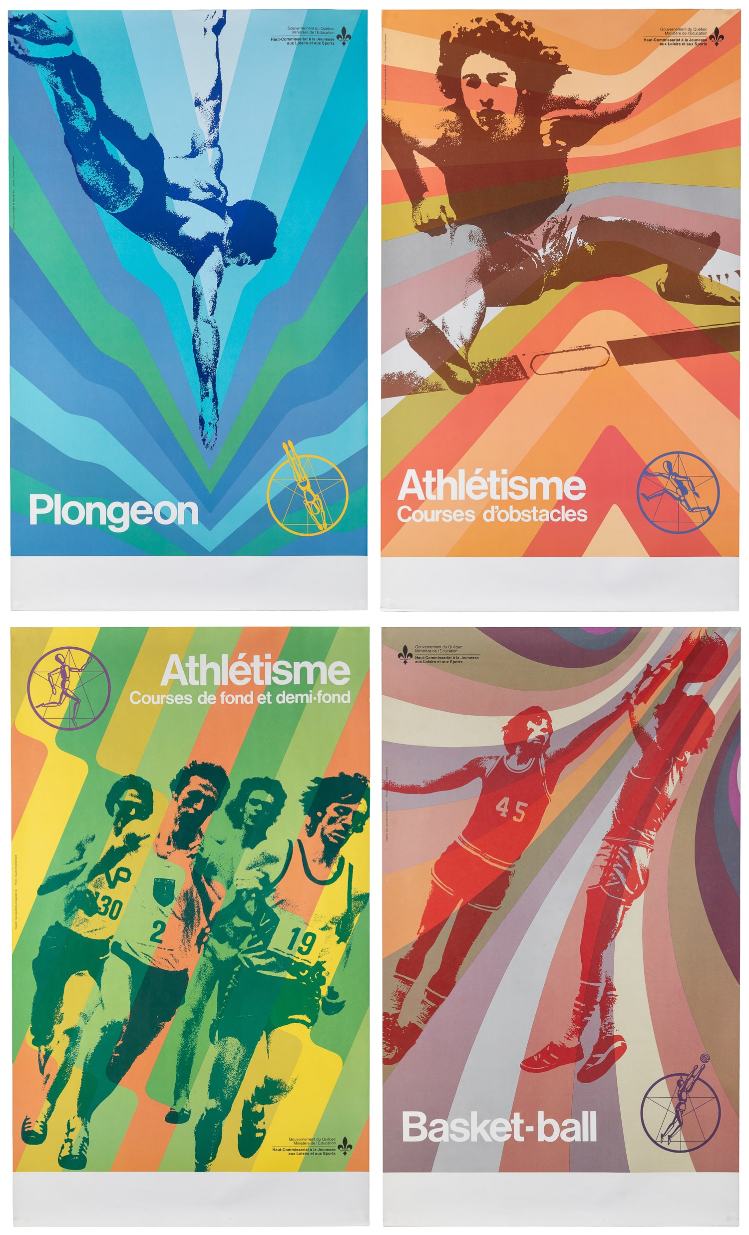 [SPORTS]. LALUMIERE, Guy (1930 - 2021). Group of 17 sports education posters.: [SPORTS]. LALUMIERE, Guy (1930 - 2021). Group of 17 sports education posters. 1973. Government du Quebec, Ministere de 'Education. Color offset lithograph posters, designed by Lalumiere and