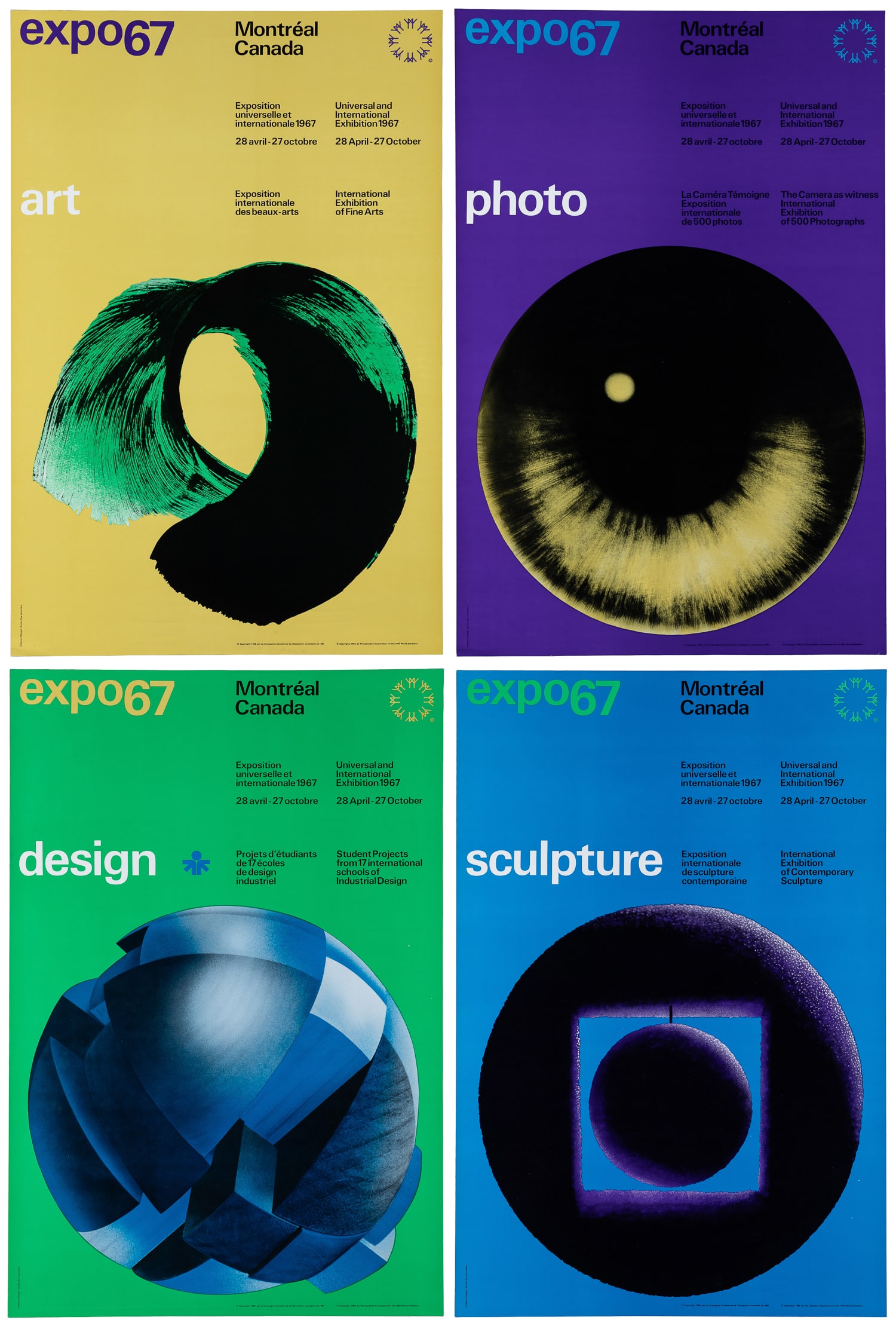 LALUMIERE, Guy (1930-2021). Montreal Expo 67 Posters. 1967. Montreal: Canadian Corporation.: LALUMIÉRE, Guy (1930-2021). Montreal Expo 67 Posters. 1967. Montreal: Canadian Corporation. Four promotional posters for the Universal and International Exhibition Expo 67 World's Fair in
