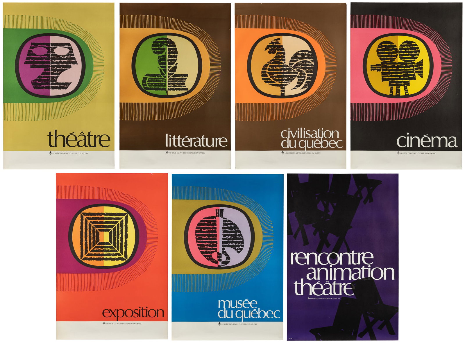 Seven Promotional Posters from the Quebec Ministry of Cultural Affairs. Quebec: Ministry of Cultural: Seven Promotional Posters from the Quebec Ministry of Cultural Affairs. Quebec: Ministry of Cultural Affairs. Circa 1969. Including: "Cinéma," "Exposition," "Musée du Québec,"