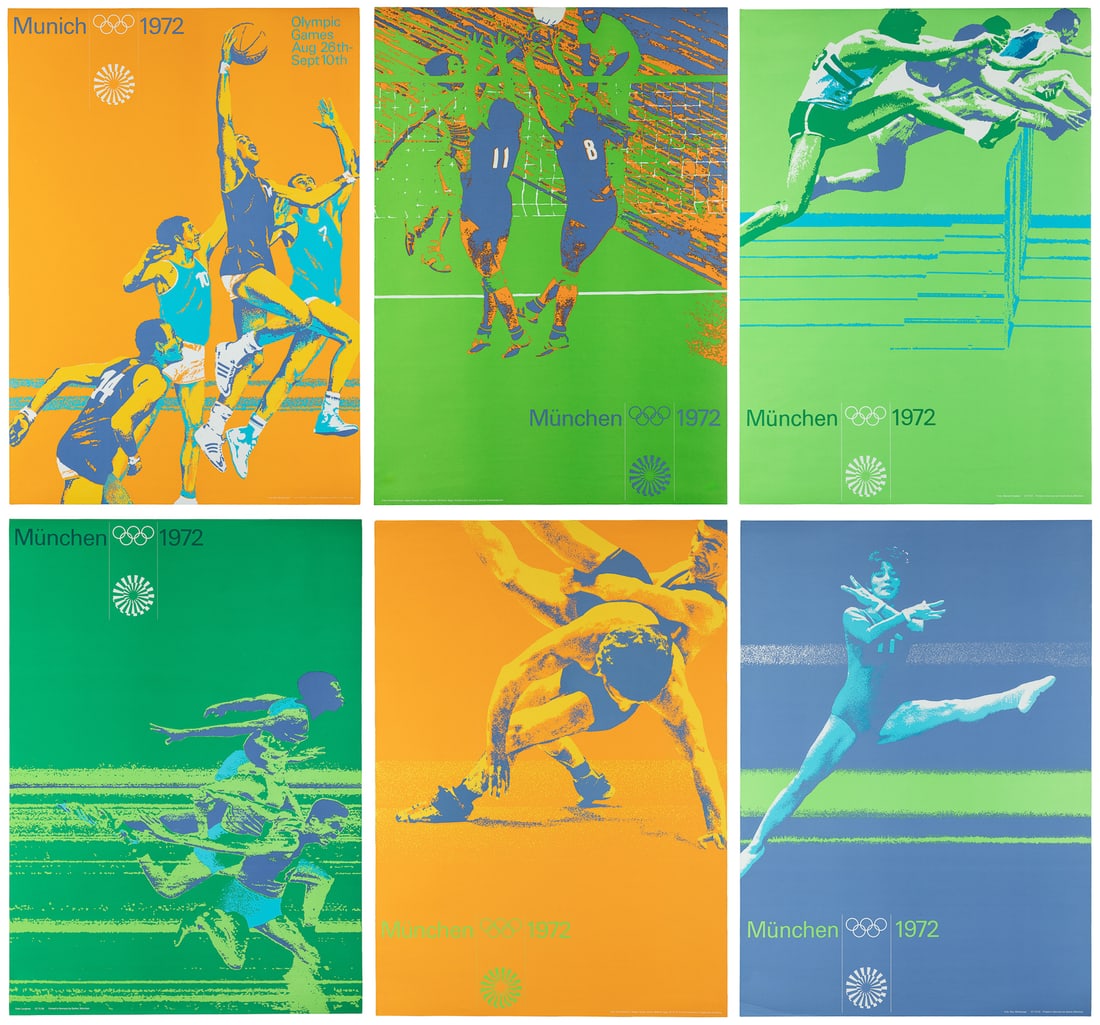 AICHER, Otl (1922 - 1991). Munich Olympics 1972. Six event posters.: AICHER, Otl (1922 - 1991). Munich Olympics 1972. Six event posters. Color offset lithograph posters depicting various Olympic sports. With various photography and printing credits in the margin.