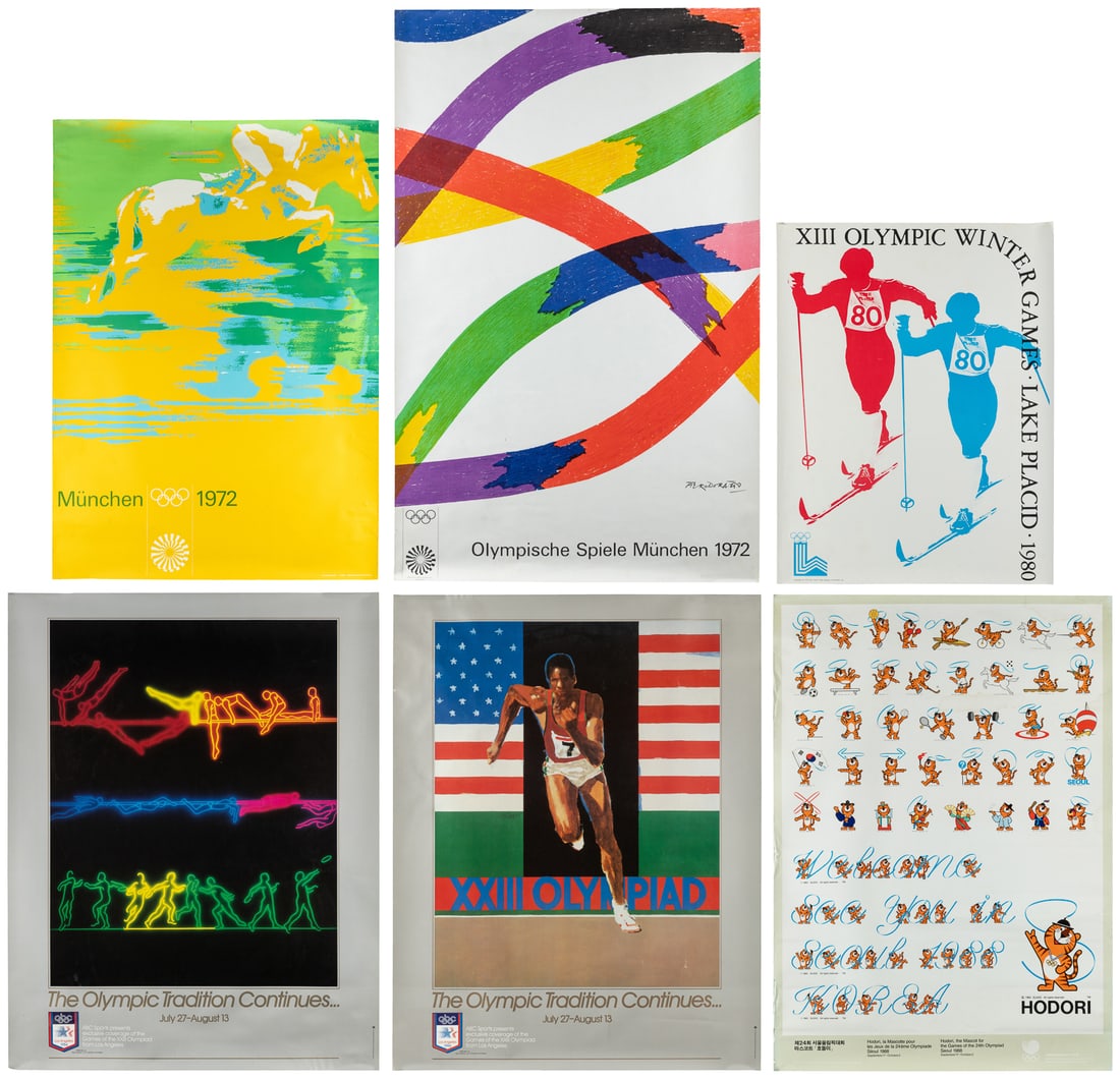 Group of approximately 20 Olympics posters. V.p., 1972-1988.: Group of approximately 20 Olympics posters. V.p., 1972-1988. Group of Summer and Winter Olympic Games posters, including 1972 Munich, 1976 Montreal, 1980 Lake Placid, 1984 Los Angeles, 1988 Seoul,