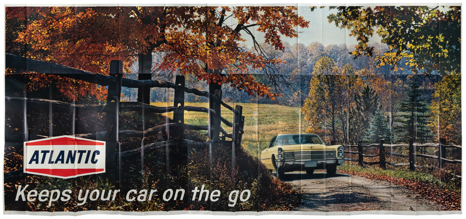 Atlantic Petroleum Billboard. N.p., ca. 1960s.: Atlantic Petroleum Billboard. N.p., ca. 1960s. Color lithograph billboard for Atlantic Petroleum showing a car driving down a country lane with the slogan "Keeps your car on the go" beneath the