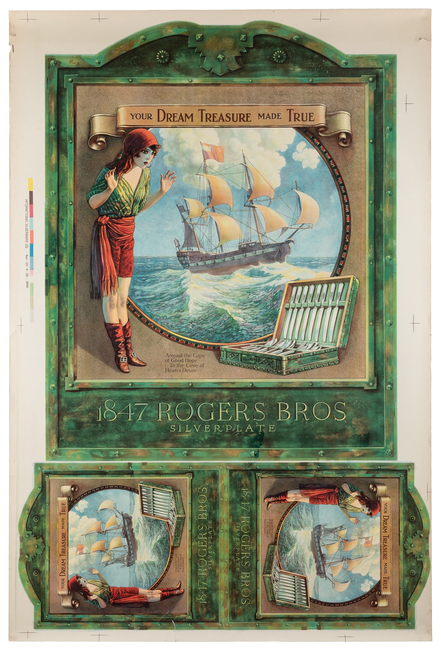 Your Dream Treasure Made True / Rogers Bros. Silverplate.: Your Dream Treasure Made True / Rogers Bros. Silverplate. Rochester: Karle Litho Co., ca. 1940s. Color offset lithograph poster/advertising proof, with an illustration of a woman discovering a set of 
