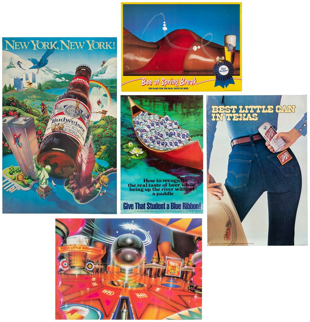 Eight 1980s beer advertising posters.: Eight 1980s beer advertising posters. Including: Bee at Spring Break / The Place for the Real Taste of Beer. 1983. Milwaukee: Pabst Brewing Company. Paper. 24 x 17 3/4". How to recognize the real tase