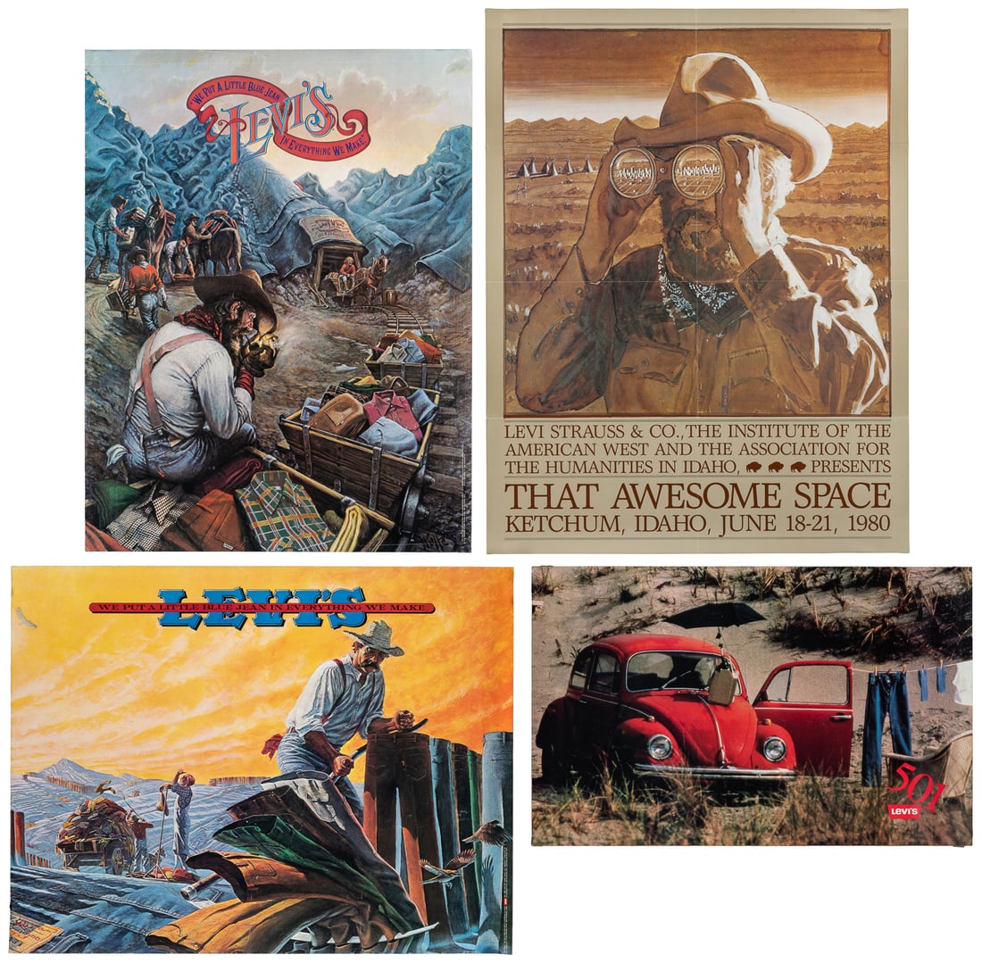 Four Levi's Jeans Posters. 1977-1980. USA: Levi Strauss & Co.: Four Levi's Jeans Posters. 1977-1980. USA: Levi Strauss & Co. Including: Levi's / We Put A Little Blue Jean In Everything We Make. 28 1/2 x 22". Paper. Levi's / "We Put A Little Blue Jean In