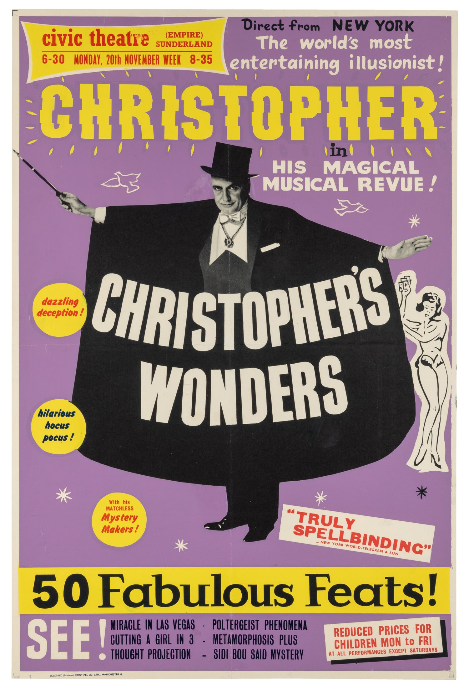 Christopher in his Magical Musical Revue! / Christopher's Wonders.: Christopher in his Magical Musical Revue! / Christopher's Wonders. Manchester: Electric Printing Co., ca. 1960s. Linen backed. 30 x 20". Signed in the margin of the linen backing by Maurine