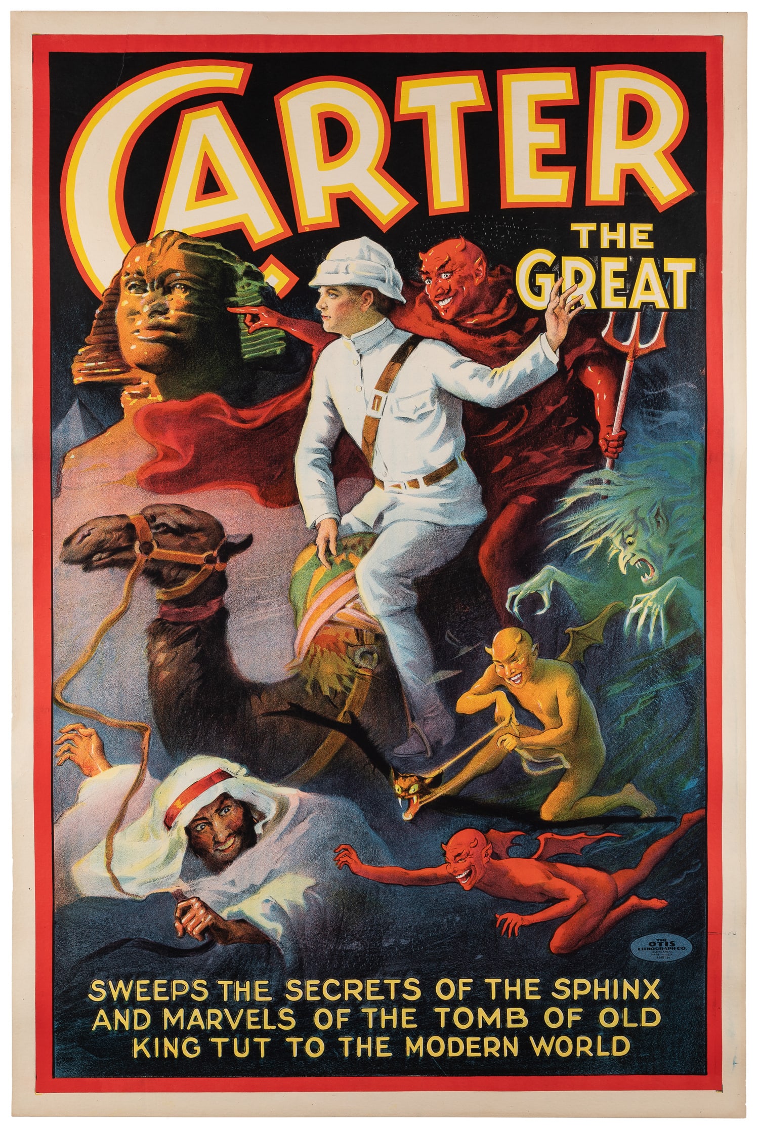 CARTER, Charles (1874-1936). Carter the Great / “Carter on the Camel.”: CARTER, Charles (1874-1936). Carter the Great / “Carter on the Camel.” Cleveland: The Otis Lithograph Co., ca. 1930. Color stone lithograph poster depicts the magician riding a camel led b