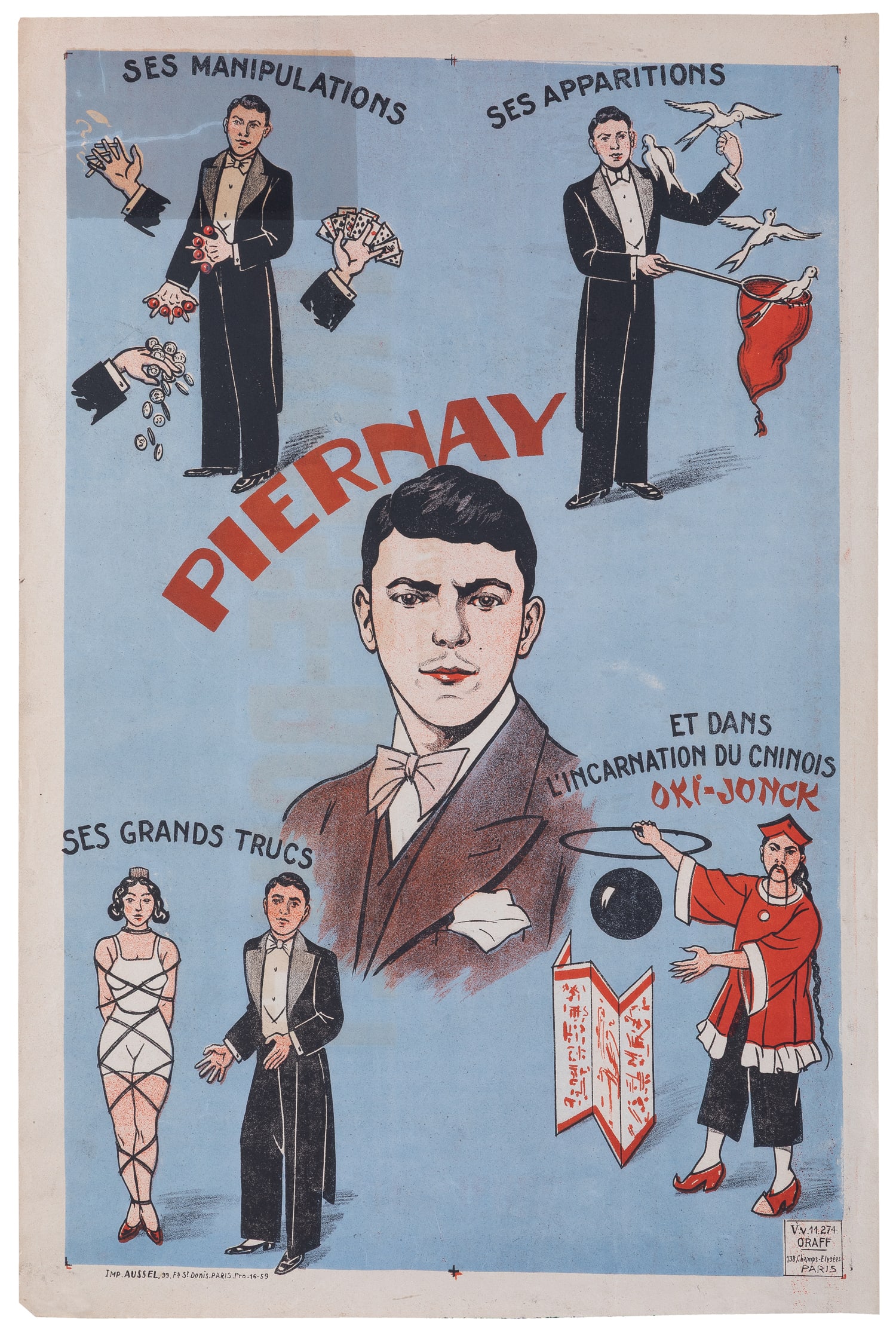 Piernay. 1942.: Piernay. 1942. Paris: Aussel. Lithograph magic poster of the magician Piernay, with vignettes in each corner. A text slip on the verso is SIGNED by the magician and states that the poster was printed