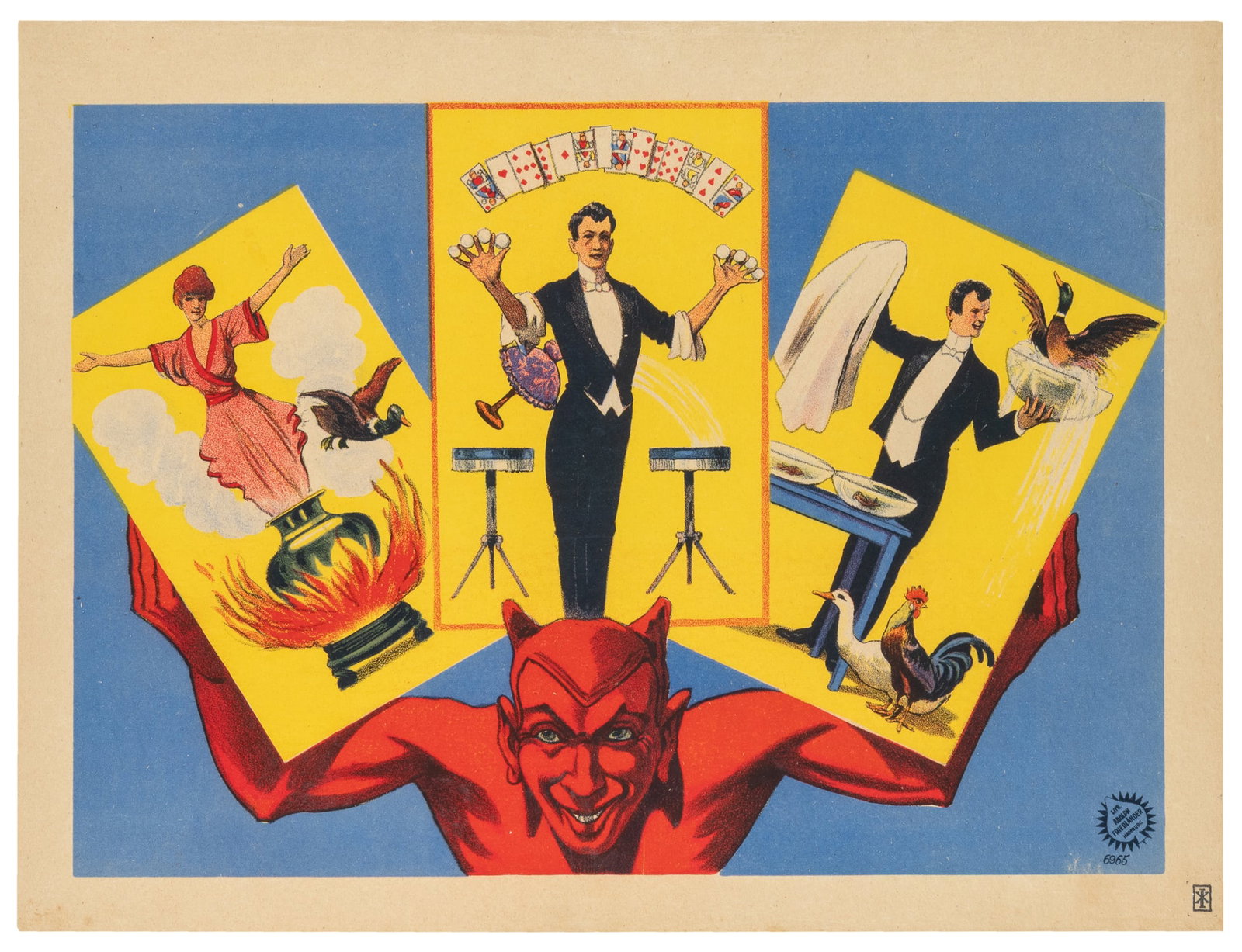 Adolph Friedlander conjuring stock poster.: Adolph Friedlander conjuring stock poster. Hamburg, ca. 1920. Quarter-sheet color lithograph. The devil supports on his shoulders scenes from a parlor magician's show. Linen backed.14 x 18 3/4". Ken