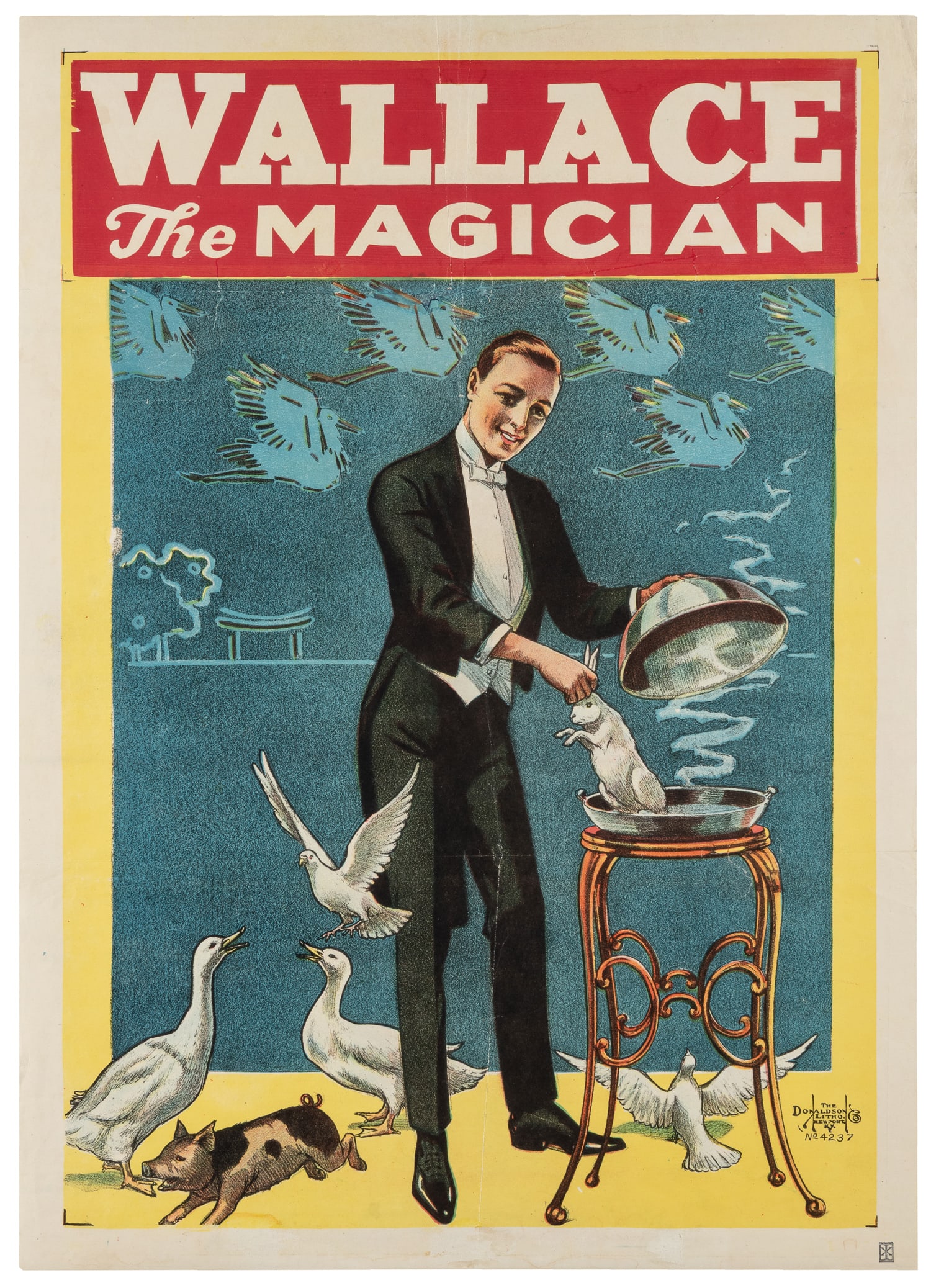 Wallace the Magician. Circa 1910s.: Wallace the Magician. Newport: Donaldson Litho, ca. 1910s. Color lithograph half-sheet poster showing a magician producing livestock from a pan. Linen backed. 28 x 20". Ken Klosterman's Salon de