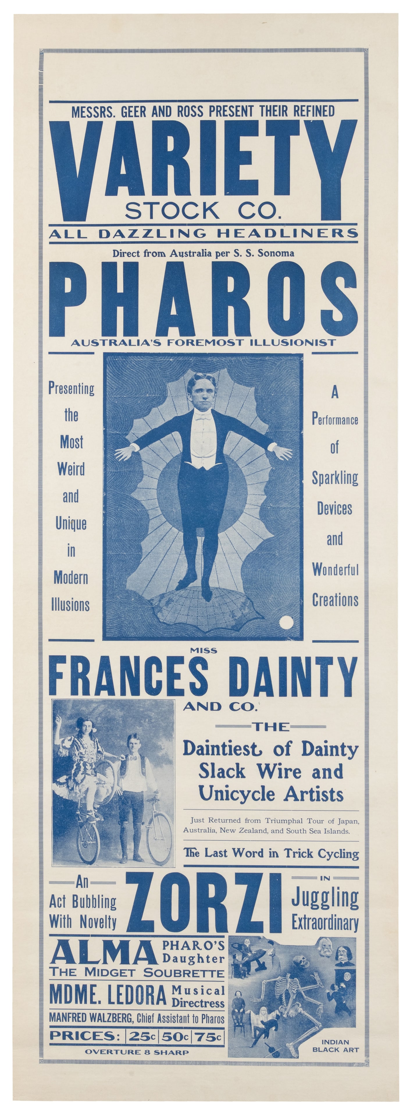 Pharos / Australia's Foremost Illusionist.: Pharos / Australia's Foremost Illusionist. Circa 1900s. Variety act broadside featuring the Australian magician Pharos, plus Miss Frances Dainty (slack wire and unicycle artist), and Zorzi (juggler).