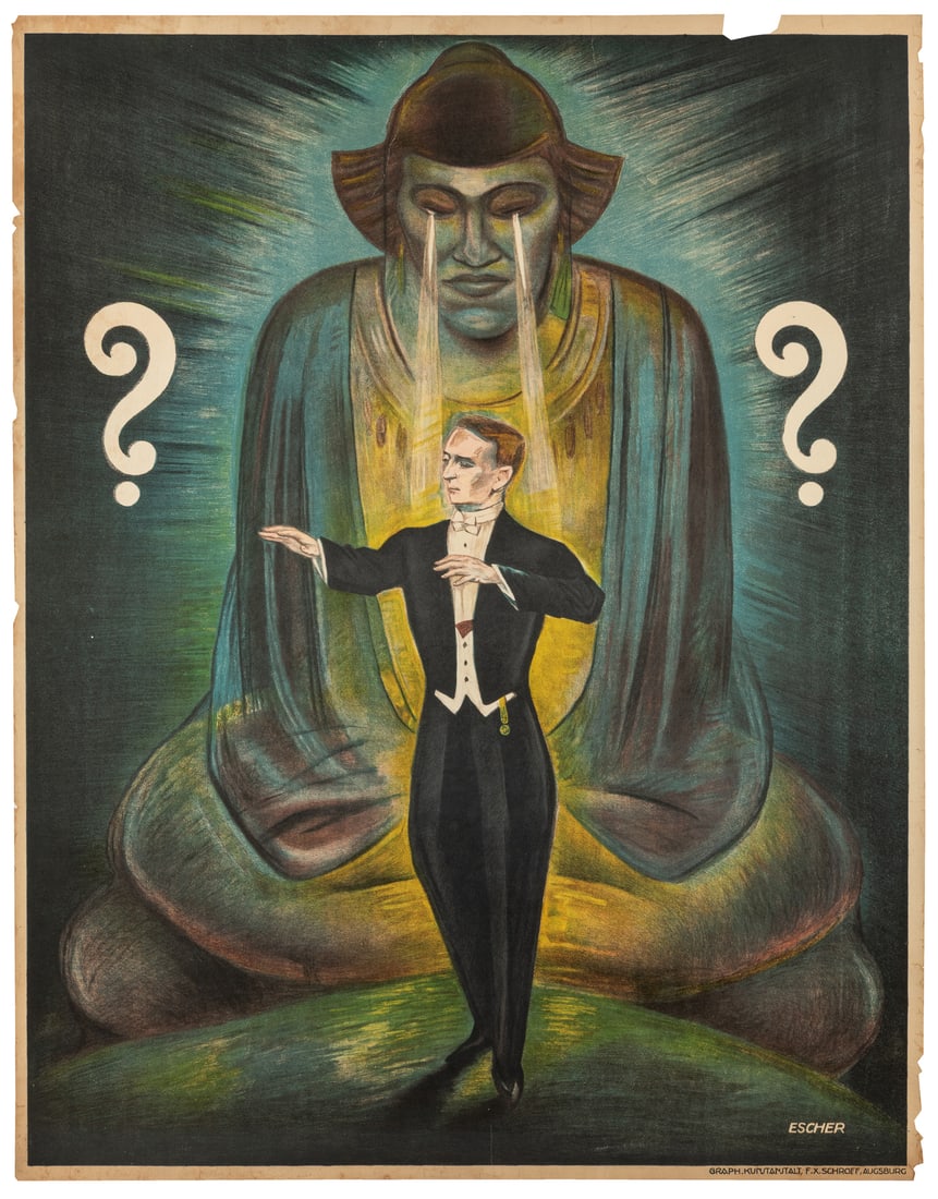 ESCHER. Magician / mentalist stock poster.: ESCHER. Magician / mentalist stock poster. Augsburg: F.X. Schroff, ca. 1920s. Color lithograph poster. Linen backed. 35 1/8 x 27". Ken Klosterman's Salon de Magie.