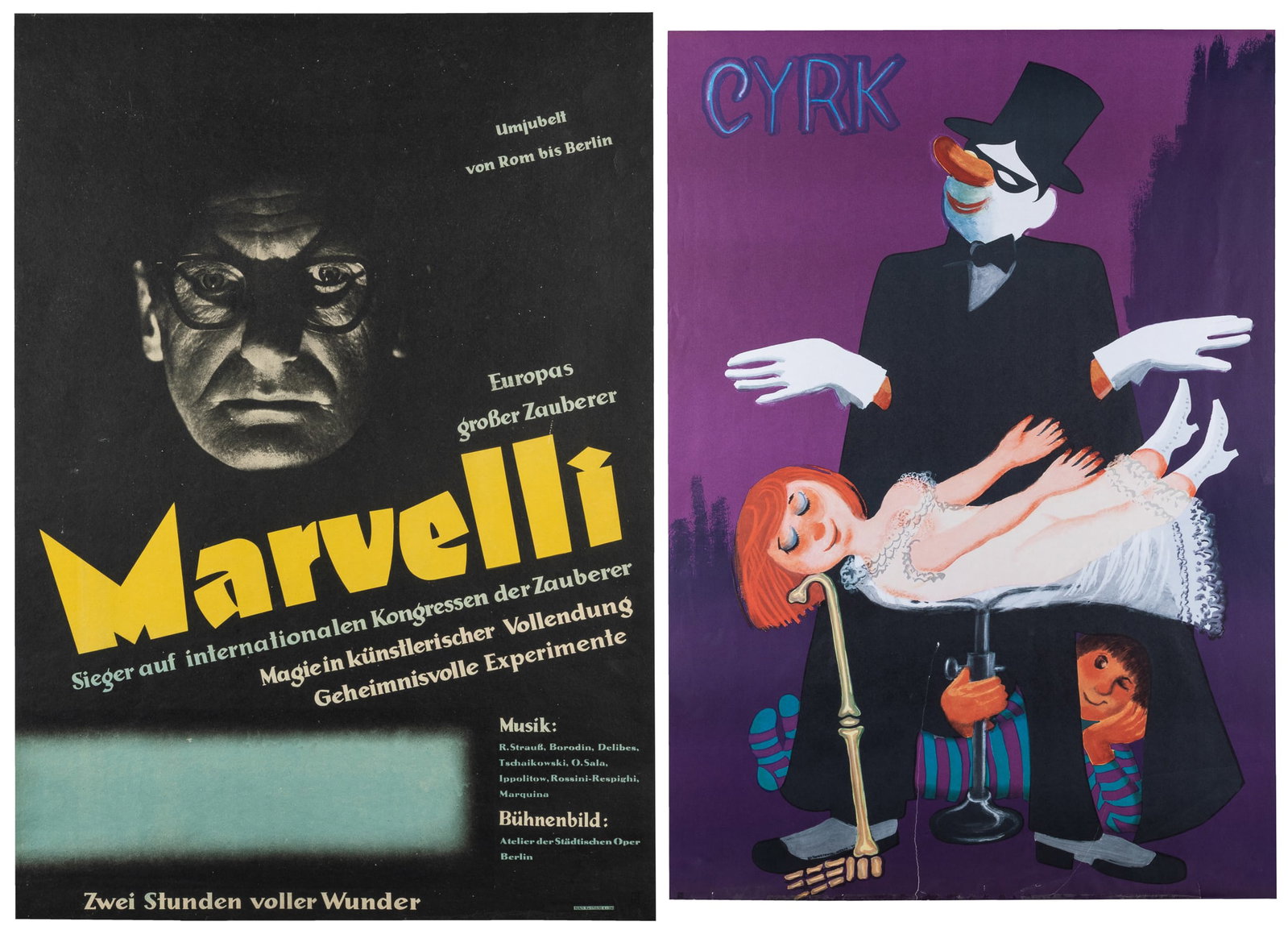 Marvelli / Europas grosser Zauberer.: Marvelli / Europas groBer Zauberer. Germany, ca. 1950s. Linen backed. 33 x 23". [And]: CYRK. Polish poster featuring a magician. Paper. 38 x 26 1/2".