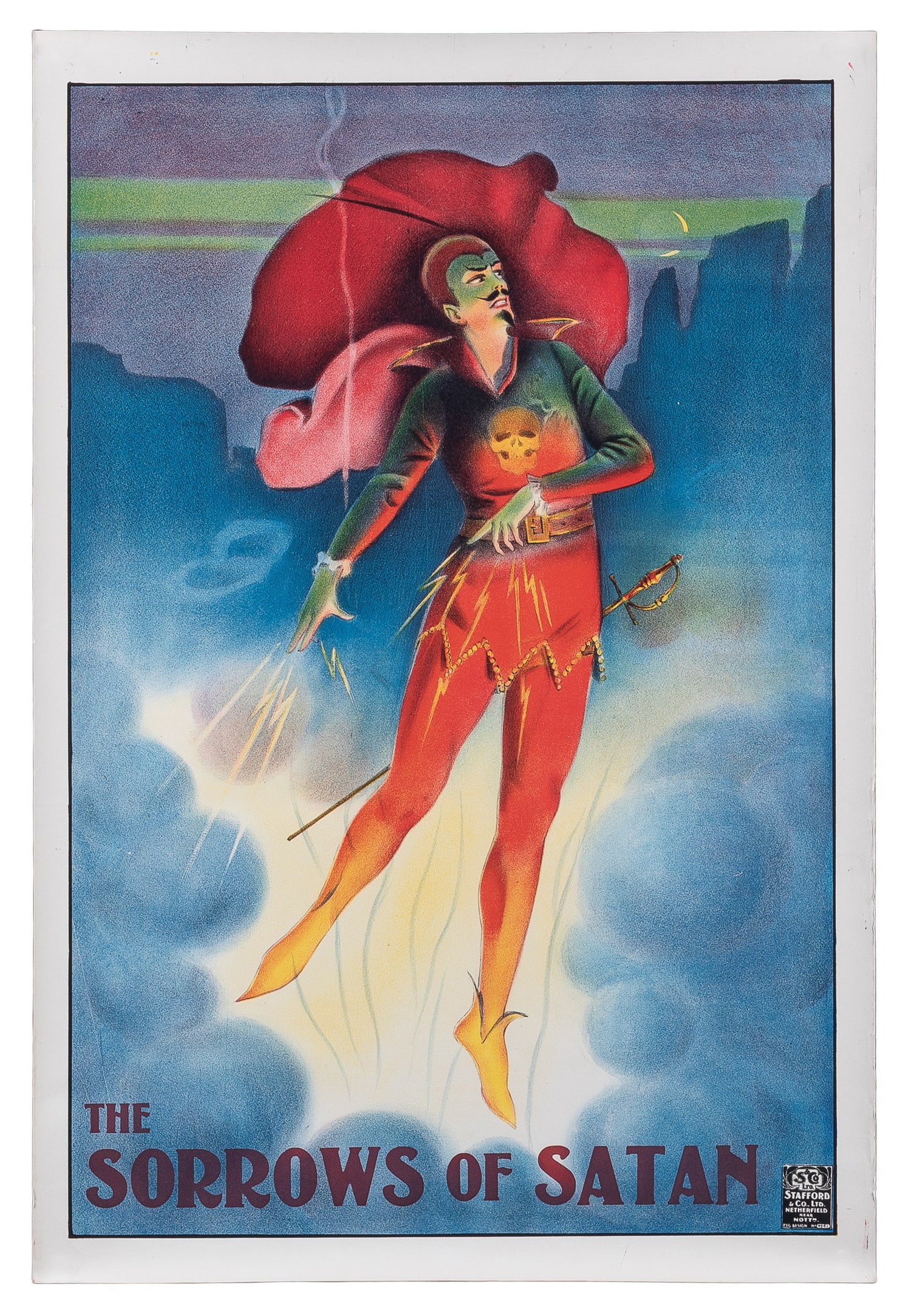 The Sorrows of Satan.: The Sorrows of Satan. Netherfield: Stafford & Co. Ltd., ca. 1925. Color stone lithograph poster depicts a Mephistophelean character with lightning bolts emanating from his fingertips and a sword at