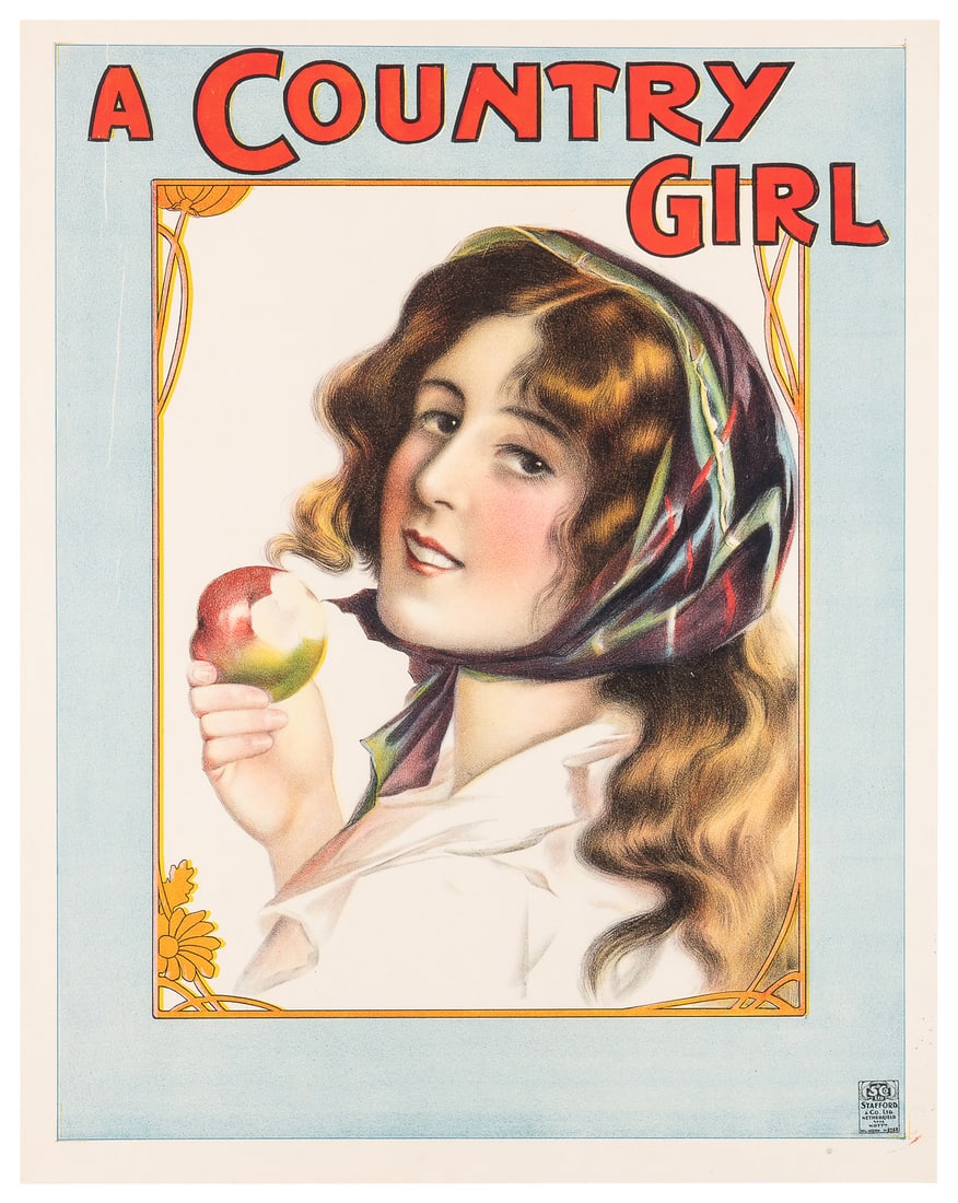 A Country Girl.: A Country Girl. Netherfield: Stafford & Co., Ltd., ca. 1910s. Color lithograph of a musical play in two acts. Linen backed. 25 x 19 1/2".