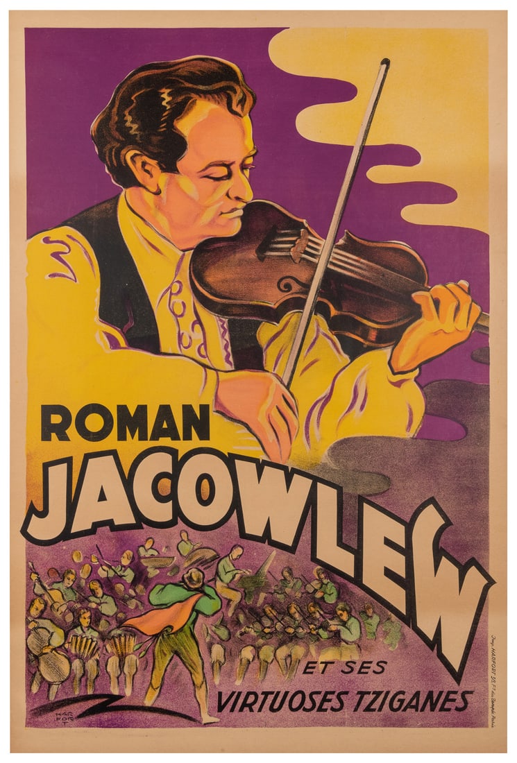 Roman Jacowlew / et ses Virtuoses Tziganes.: Roman Jacowlew / et ses Virtuoses Tziganes. Paris: Hartford, ca. 1930s. Concert poster for Roman Jacowlew with an illustration of Jacowlew playing his fiddle on a purple background. Linen backed. 47