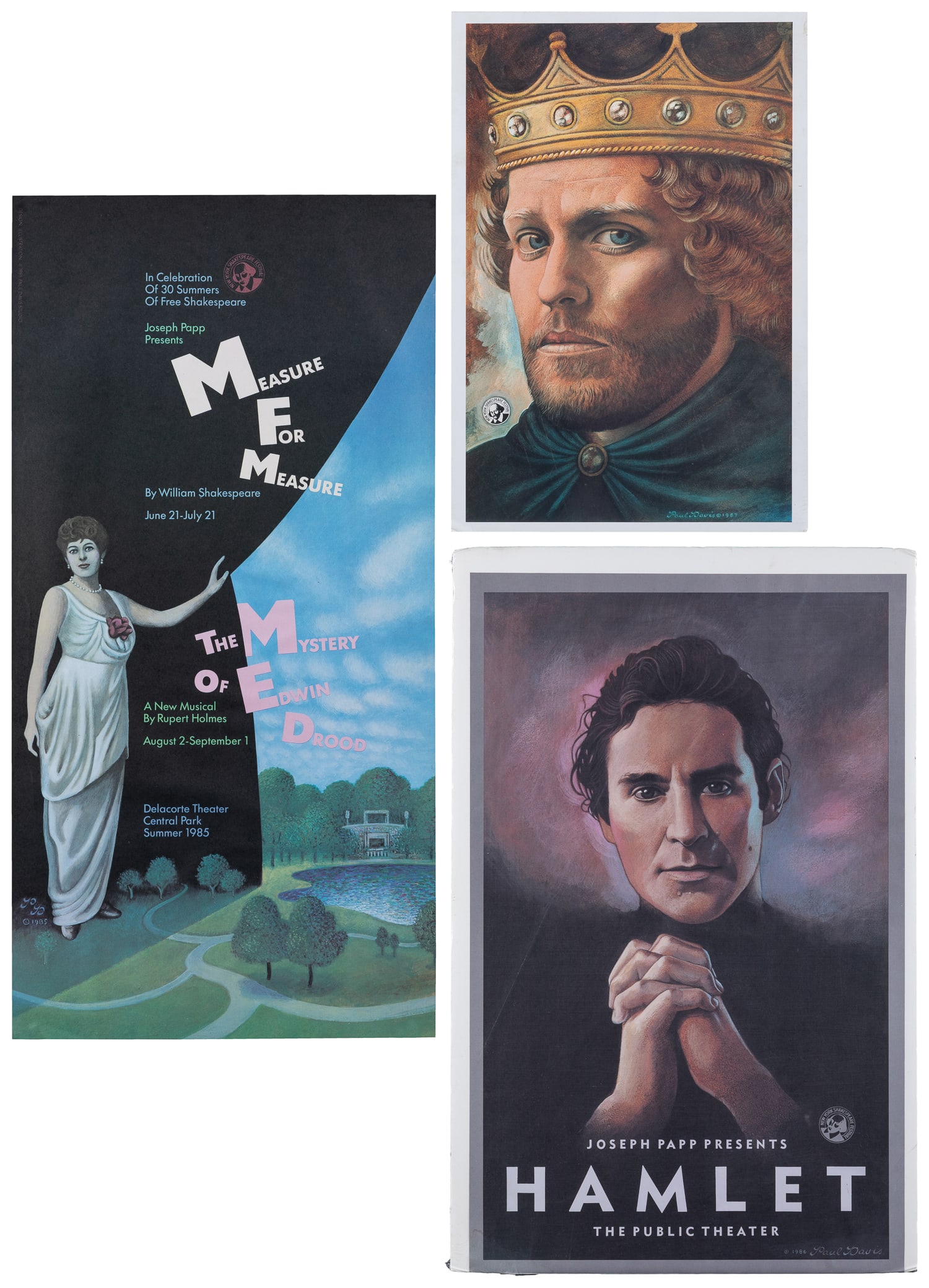 DAVIS, Paul (b. 1938). Three New York Shakespeare Festival posters.: DAVIS, Paul (b. 1938). Three New York Shakespeare Festival posters. 1980s. Includes Measure for Measure; Hamlet; and Richard II. All paper. 26 x 13" and smaller.