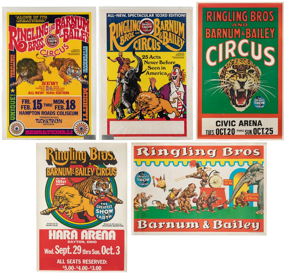Group of 5 Ringling Bros and Barnum & Bailey Circus posters. 1969-1974.: Group of 5 Ringling Bros and Barnum & Bailey Circus posters. 1969-1974. Including: Civic Center Oct. 25, 1969; Ringling and Barnum & Bailey by Lawson Wood 1970; All-New 101st Edition; All-New,