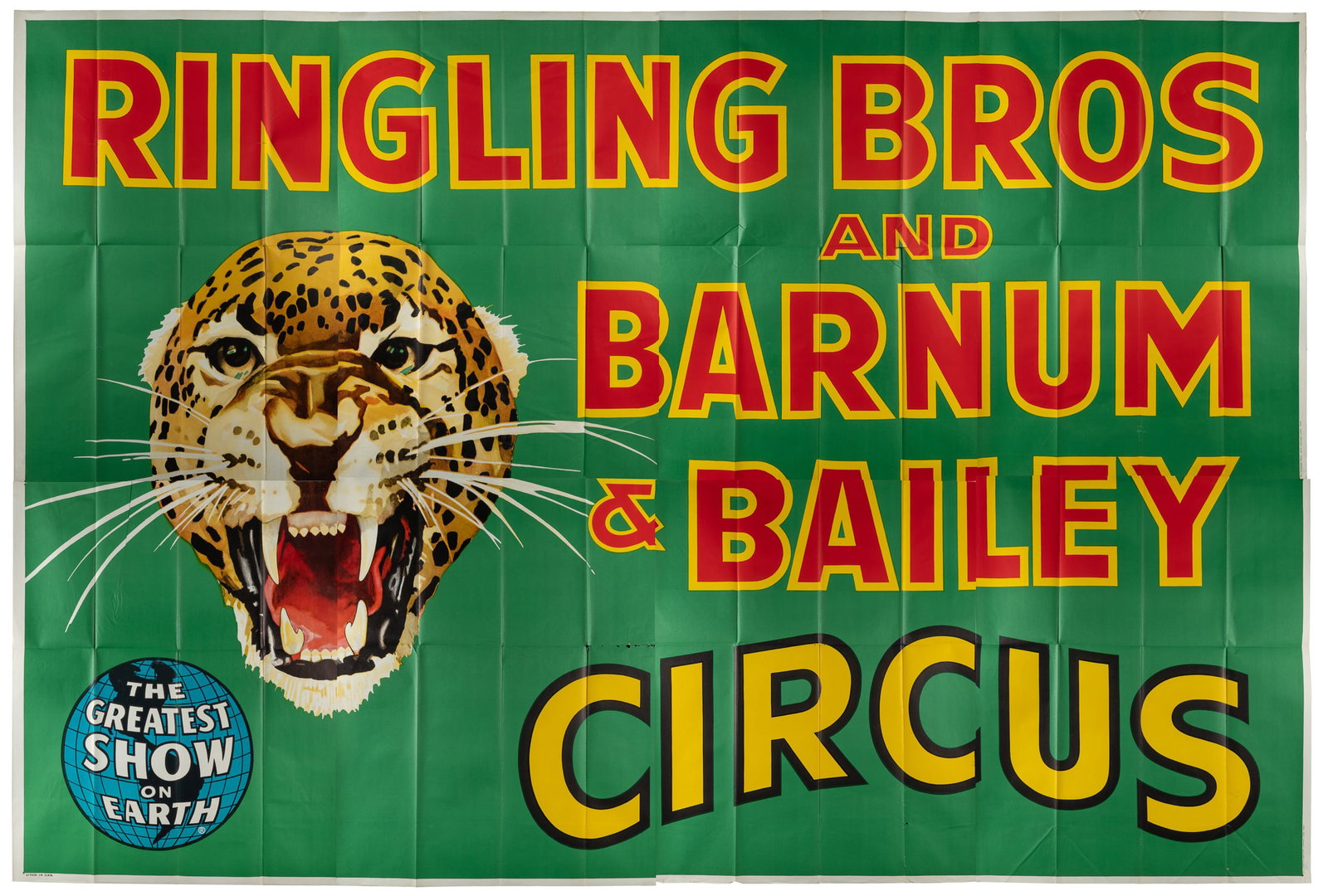 Ringling Bros and Barnum and Bailey "Leopard Head" Billboard. Circa 1940s.: Ringling Bros and Barnum and Bailey "Leopard Head" Billboard. Circa 1940s. 16sh lithographic billboard poster depicting the iconic "Snarling Leopard Head" design against a green background with red