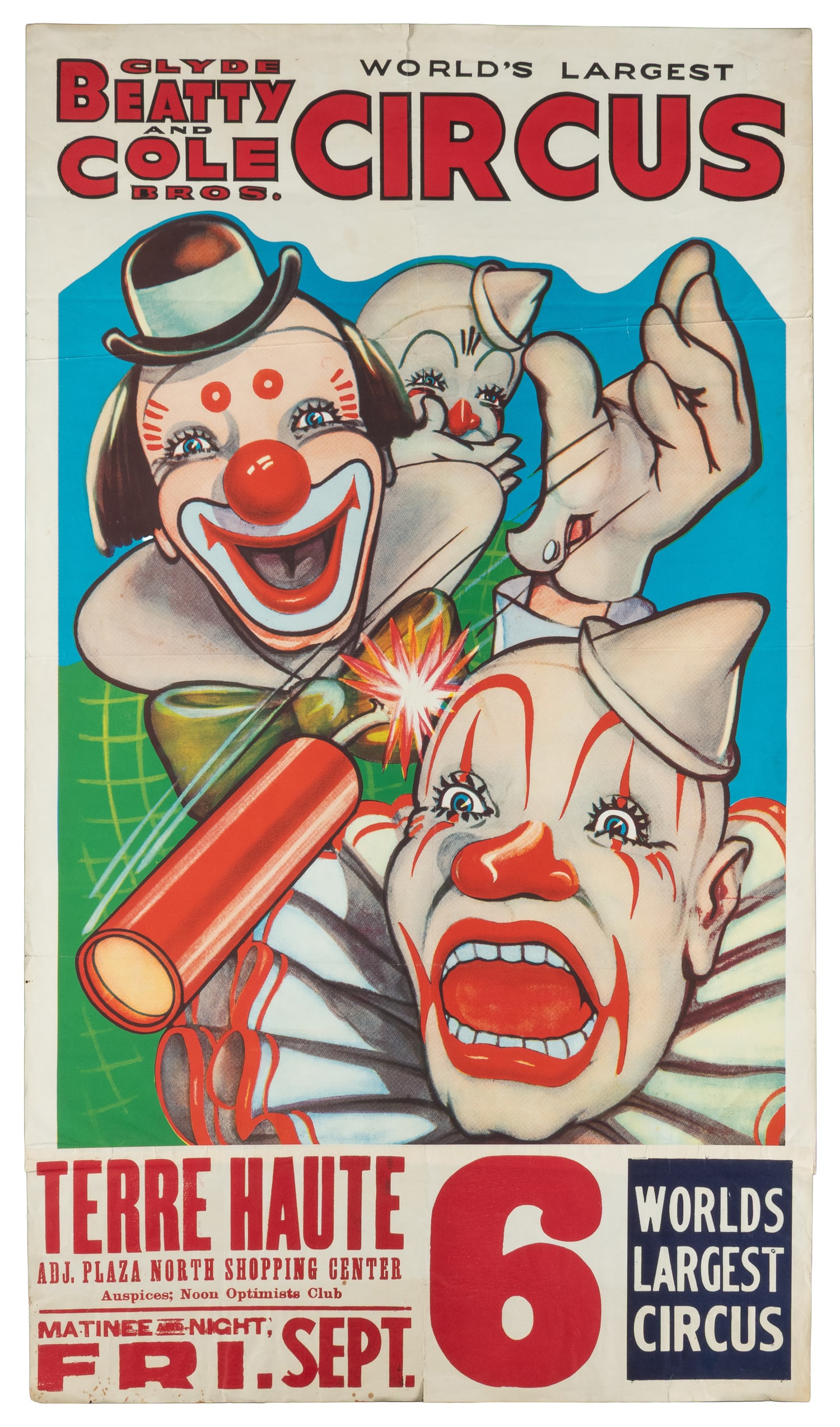 Clyde Beatty and Cole Bros. Circus / Terre Haute Friday Sept. 6. 1963.: Clyde Beatty and Cole Bros. Circus / Terre Haute Friday Sept. 6. 1963.Original advertising poster for the Clyde Beatty and Cole Bros. Circus in Terre Haute, Indiana, featuring a colorful "dynamite