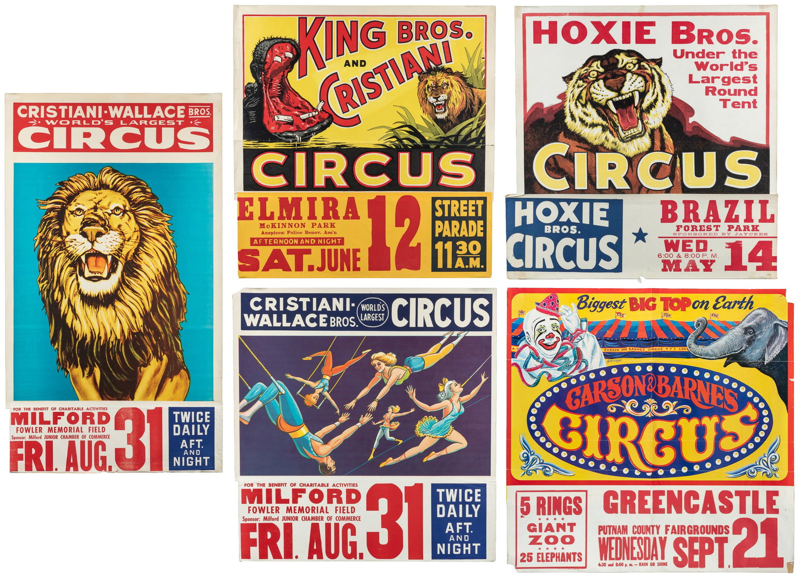 Ten vintage American circus posters.: Ten vintage American circus posters. Circa 1970s-80s. Includes five one-sheet, and five half-sheet posters, for various circuses including Cristiani-Wallace, Carson & Barnes, King-Cristiani, and