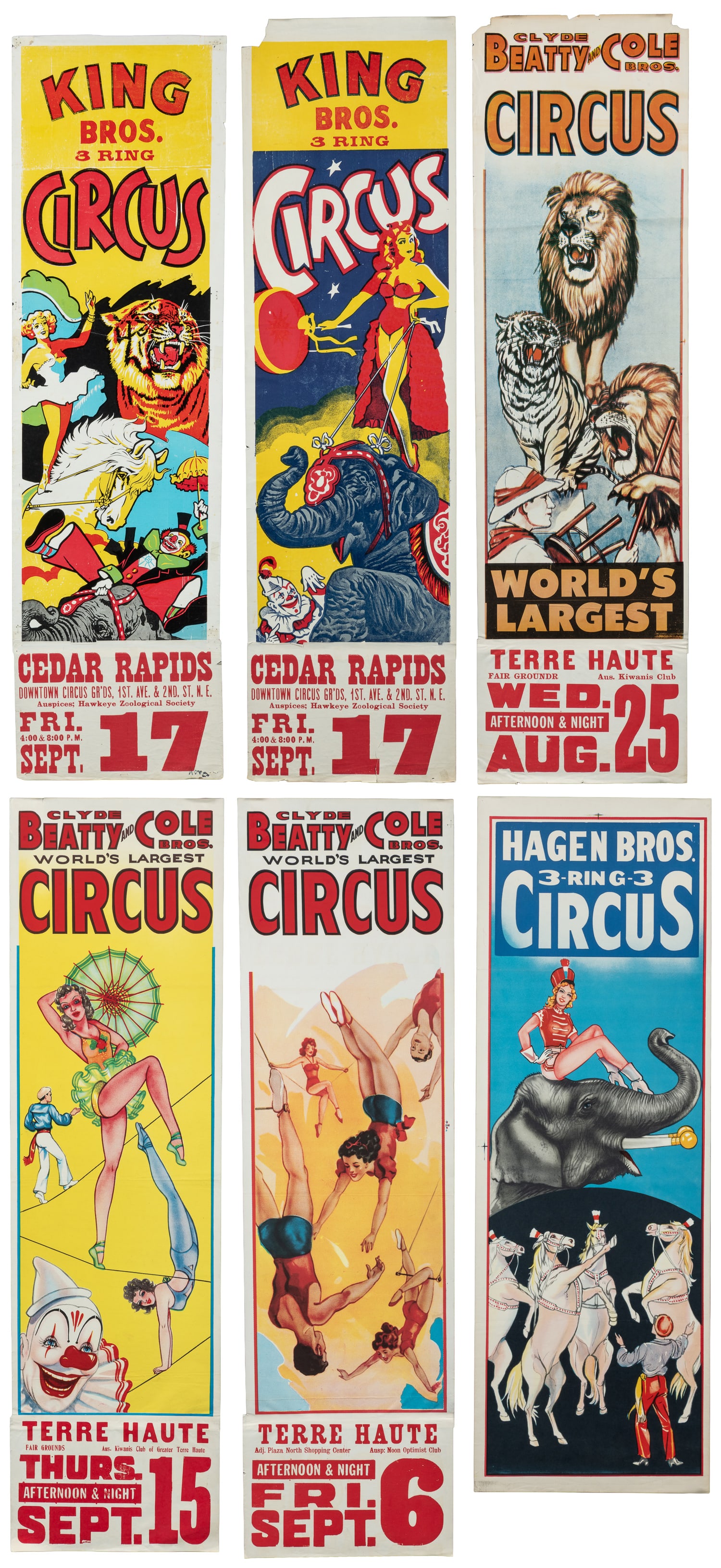 Six American circus panel posters.: Six American circus panel posters. Circa 1960s-70s. Includes various designs for King Bros., Clyde Beatty-Cole, and Hagen Bros. Paper. Each generally 41 x 14" excluding date-tails.