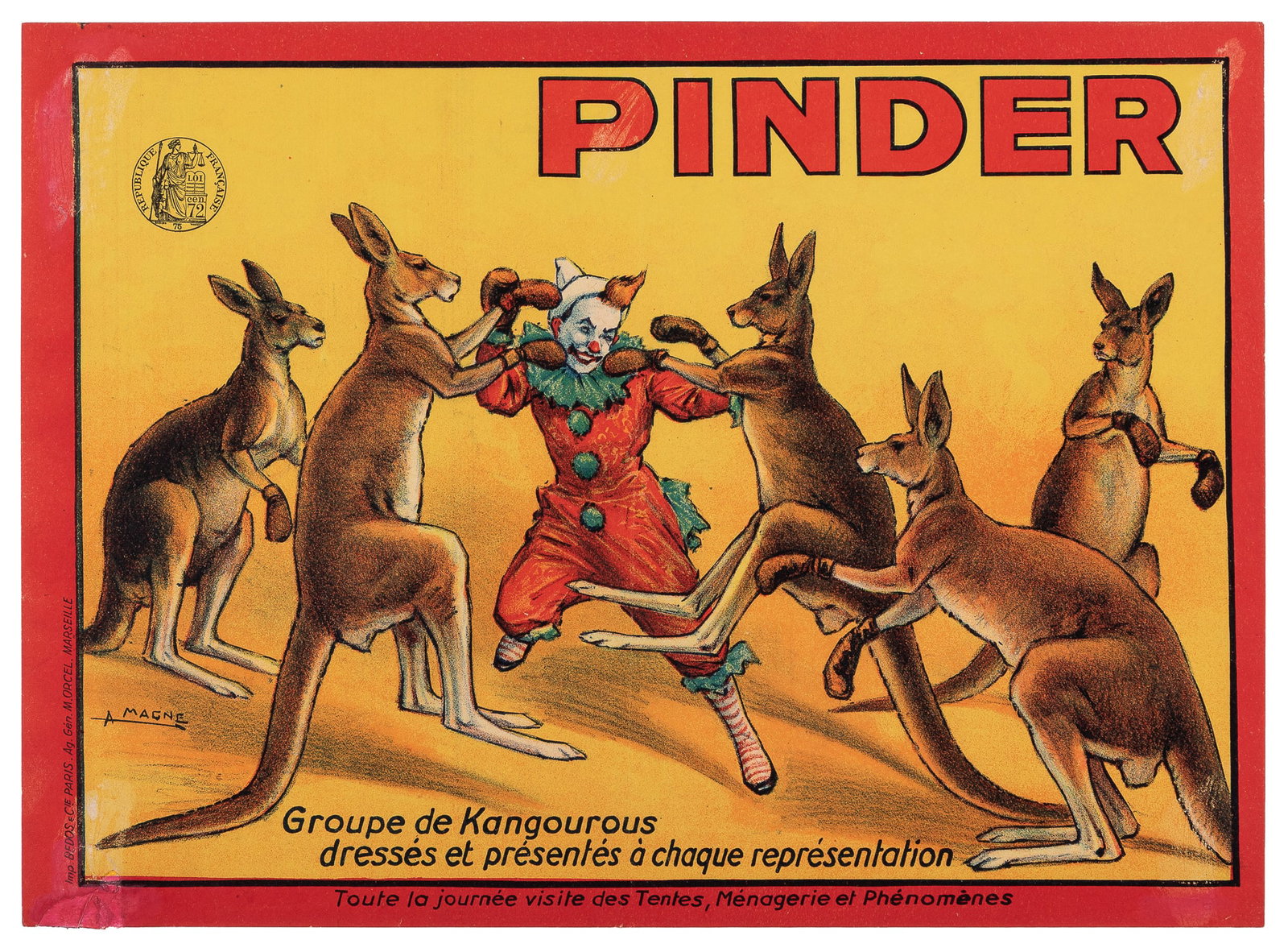 MAGNE, A. Pinder / Groupe de Kangourous.: MAGNE, A. Pinder / Groupe de Kangourous. Paris: Bedos & Cie, ca. 1920s. Color lithograph horizontal poster featuring a circus act of kangaroos boxing a clown. Linen backed. 11 x 15".