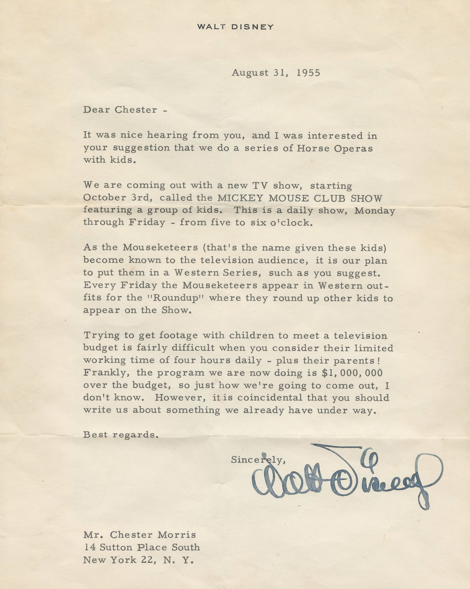 DISNEY, Walter E. (1901 - 1966). Typed letter signed to Chester Morris. (1 of 6)