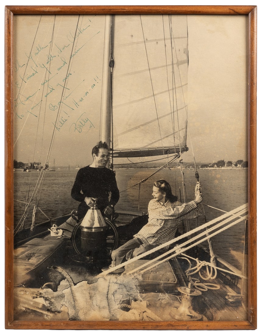 BOGART, Humphrey (1899 - 1957) and BACALL, Lauren (1924 - 2014). Photograph inscribed and signed by: BOGART, Humphrey (1899 - 1957) and BACALL, Lauren (1924 - 2014). Photograph inscribed and signed by Bogart and Bacall. 1946. Black and white photograph of the legendary actors and Hollywood power