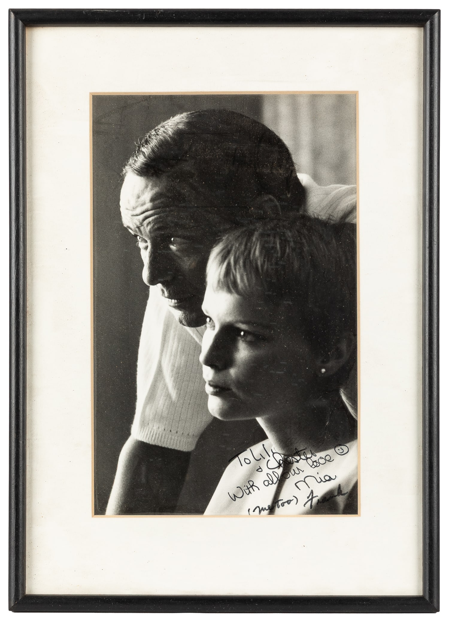 SINATRA, Frank (1915 - 1998); FARROW, Mia (b. 1945). Frank Sinatra and Mia Farrow double signed (1 of 2)